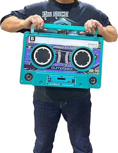 Bumpboxx Remixx Retro Bluetooth Boombox Altavoz portátil estilo casete con sonido de alta fidelidad y micrófono inalámbrico Azul neón
