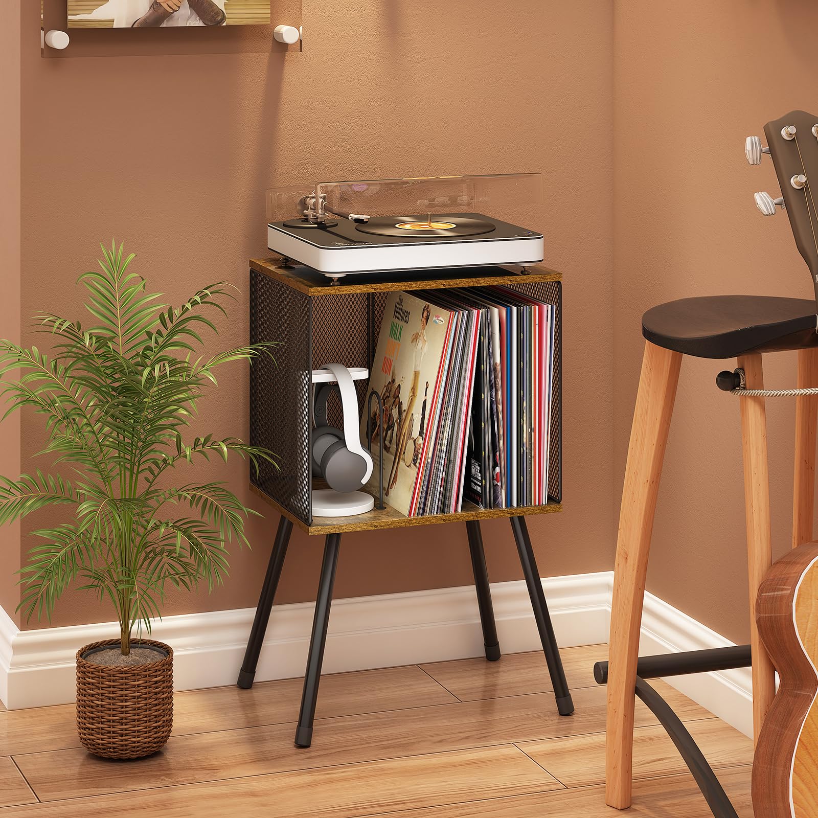 Mid-Century Record Player Stand With Storage Vinyl Record Cabinet Player Table Power Outlet Turntable Stand Large Holder Holds Living Room Bedroom Walnut