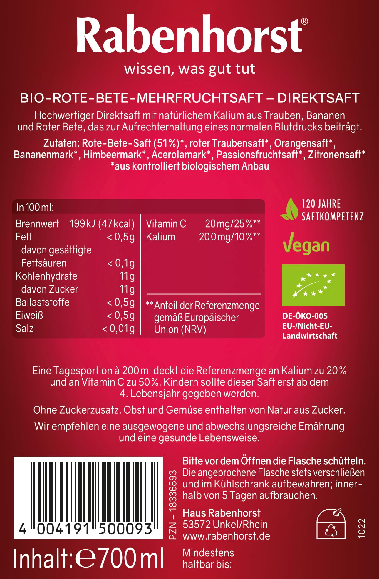 RABENHORST Gesunder Blutdruck BIO 6er Pack (6 x 700 ml) | Rote Bete-Mehrfruchtsaft mit Kalium für einen normalen Blutdruck