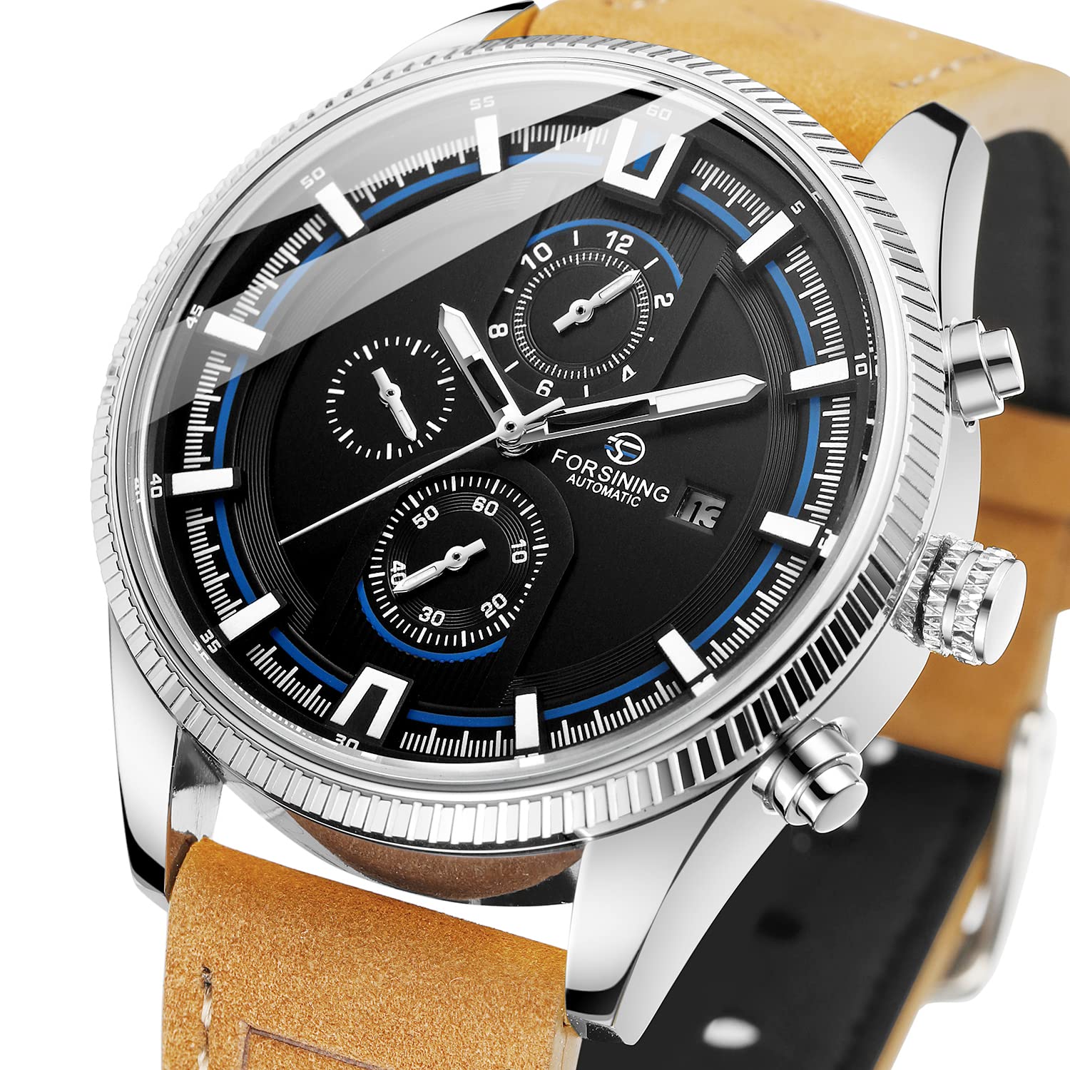 FORSINING Herren Automatik Tourbillon Wasserdicht Kalender mit braunem Lederband Armbanduhr