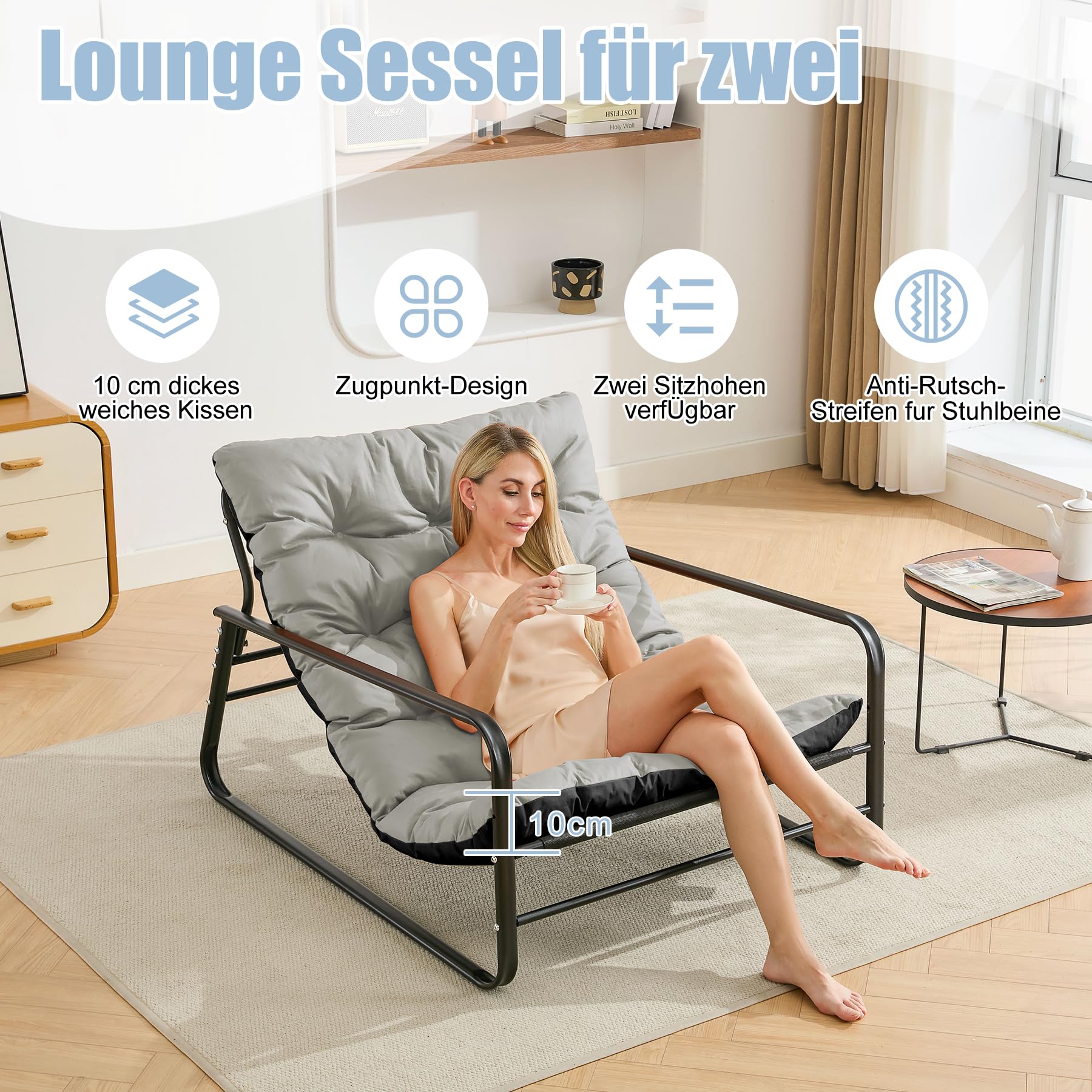 Sillón de salón de jardín con cojín reversible, sillón de jardín, balcón, muebles de acero, silla acolchada para 2 personas, sillón de jardín, exterior, balcón, jardín, terraza (gris oscuro+