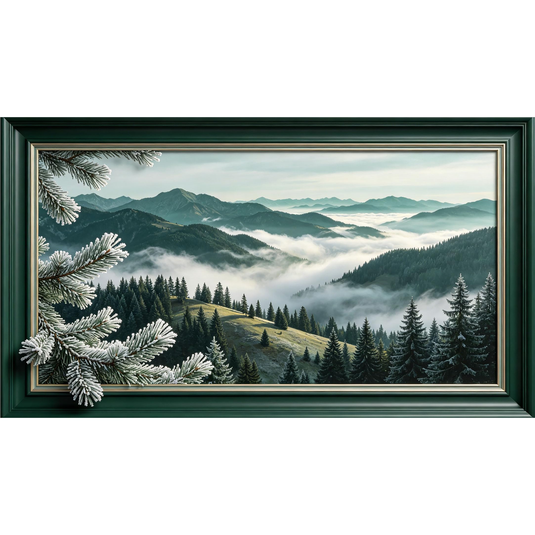 QZLITHOTIC 50x90cm3D Framed Wall Art， Misty Mountain Forest Landscape Self‑Adhesive Mural， Water‑Activated Peel & Stick Fabric Decor Wall Decal for Bedroom Living Room