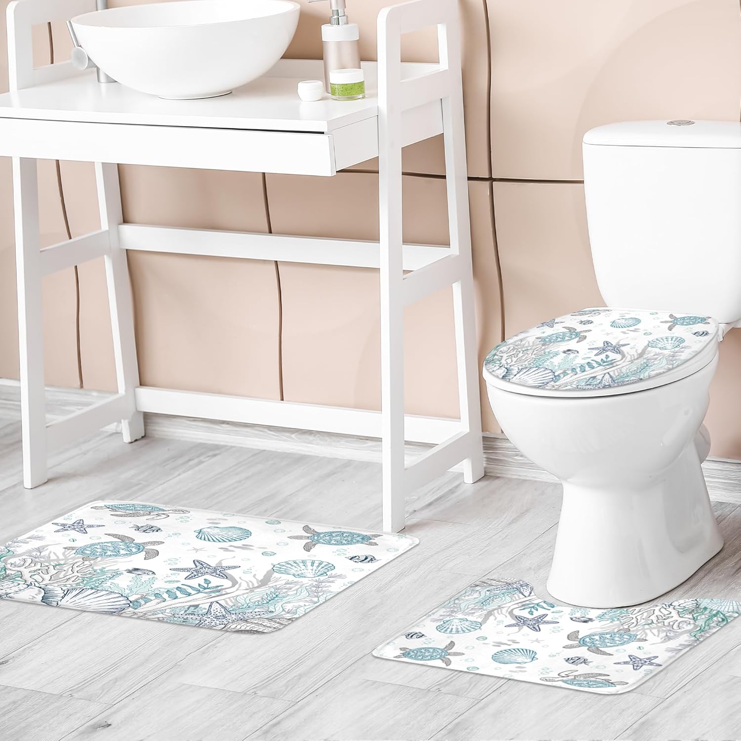 Riyidecor Beach Sea Turtle 4Pcs Bathroom Shower Curtain Sets Ocean Coral Seashell Underwater Kid Bathroom Decor Set with Rugs and Accessories Girly Toilet Lid Rug, Contour and Bath Mat with 12 Hooks