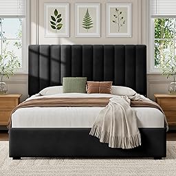Welzona Queen Upholstered Bed Frame with Headboard, Velvet Upholstered Metal Platform Bed with Vertical Channel Tufted Headboard, 3-Level Height, Metal Slat Support, Noise-Free Easy Assembly, Black