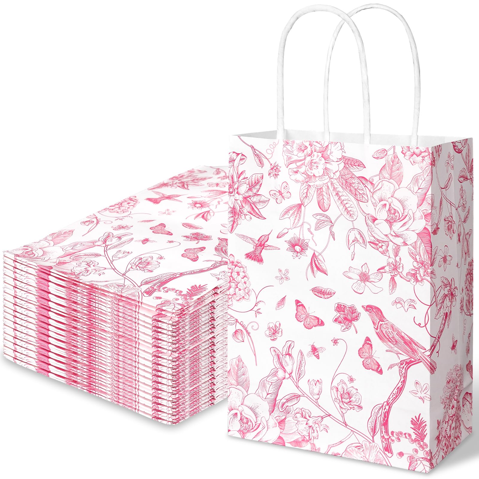 Whaline 16Pcs Floral Bird Paper Gift Bag Pink White Flower Party Favor Bag With Handle Decorative Goodie Candy Treat Bag For Party Supplies, 5.9 x 8.3