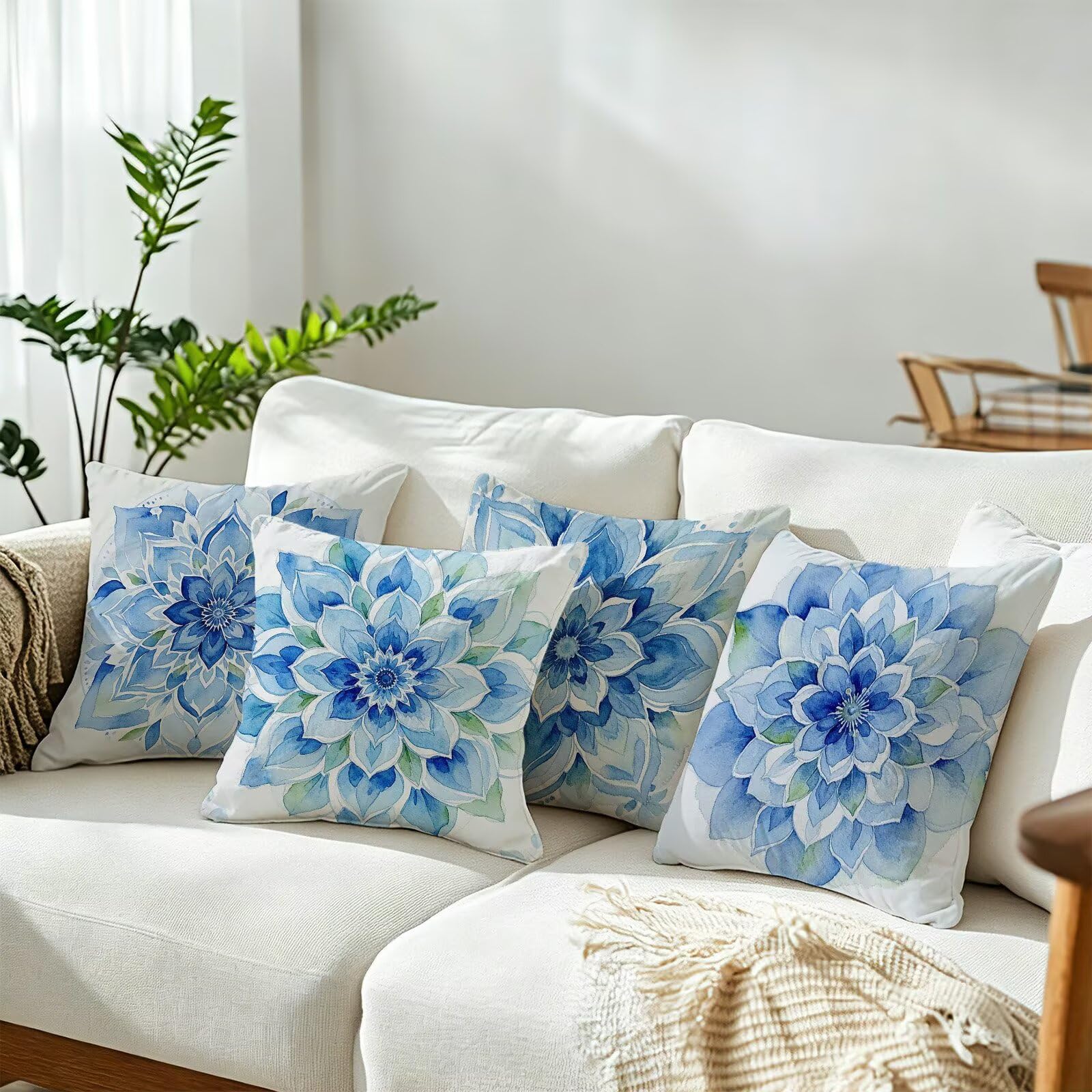 Blu Federe Cuscini Divano 40x40cm, Cuscini da Esterno Set de 4, Cod-145 | Velour Copricuscini Decorativi Letto Arredo, per Letto, Soggiorno, Giardino, Esterno, Casa Decorazione Set di 4 Mandala