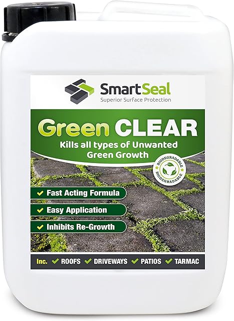 SmartSeal Green Clear (formerly Moss Clear) Highly effective Green Growth and Algae remover for all Hard Surfaces, inc Roofs, Driveways & Tarmac. Also protects against re-growth (5 Litre)...