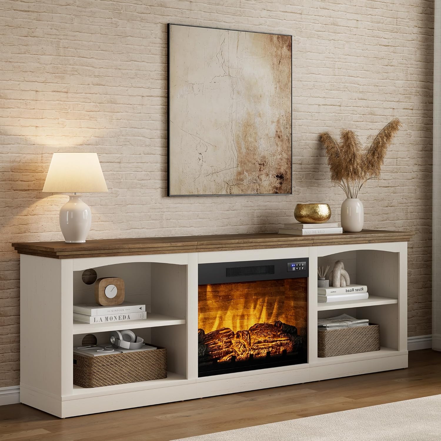 AMERLIFE 70" Farmhouse Fireplace TV Stand for TVs up to 80", Entertainment Center with 23" Fireplace, Open Shelves, One-Box Delivery, Media Console Table for Living Room, Distressed White