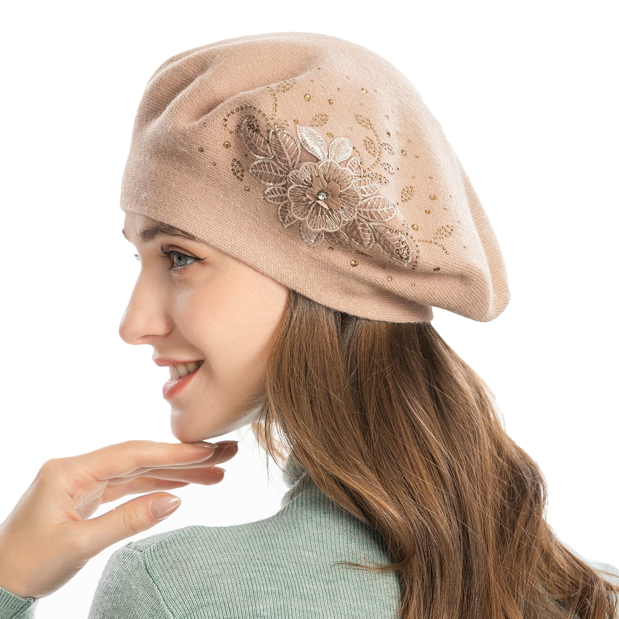 ZLYCWomens French Beret hat, Reversible Solid Color Cashmere Mosaic Warm Beret Cap for Girls (Flower Beige),One Size