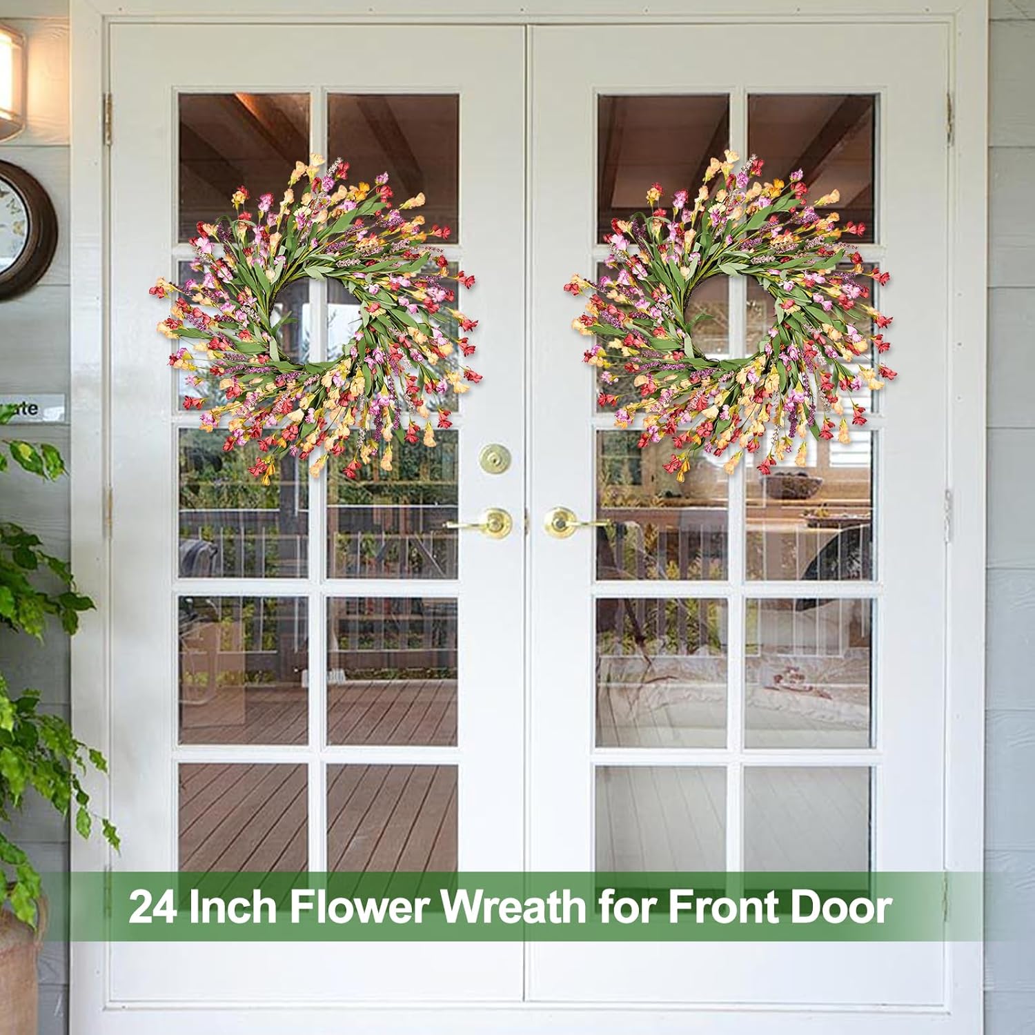 24" Spring Wreaths for Front Door Not Withering Artificial Floral Wreath with Wildflowers Summer Decorations for Indoor Outdoor Window Wall Farmhouse Porch Easter Home Decor Red Orange Purple