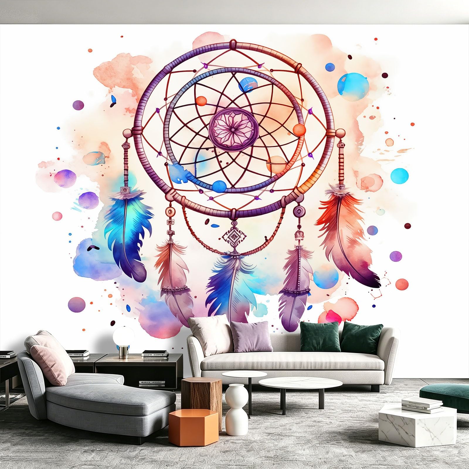 Vlies Fototapete Federn Traumfänger 300 x 210 cm, Aquarell Traumfänger Fototapeten Hochwertige Wanddekoration Wandtapete - Tapeten für Wohnzimmer Schlafzimmer Vliestapete Wandbild - exkl. Kleister