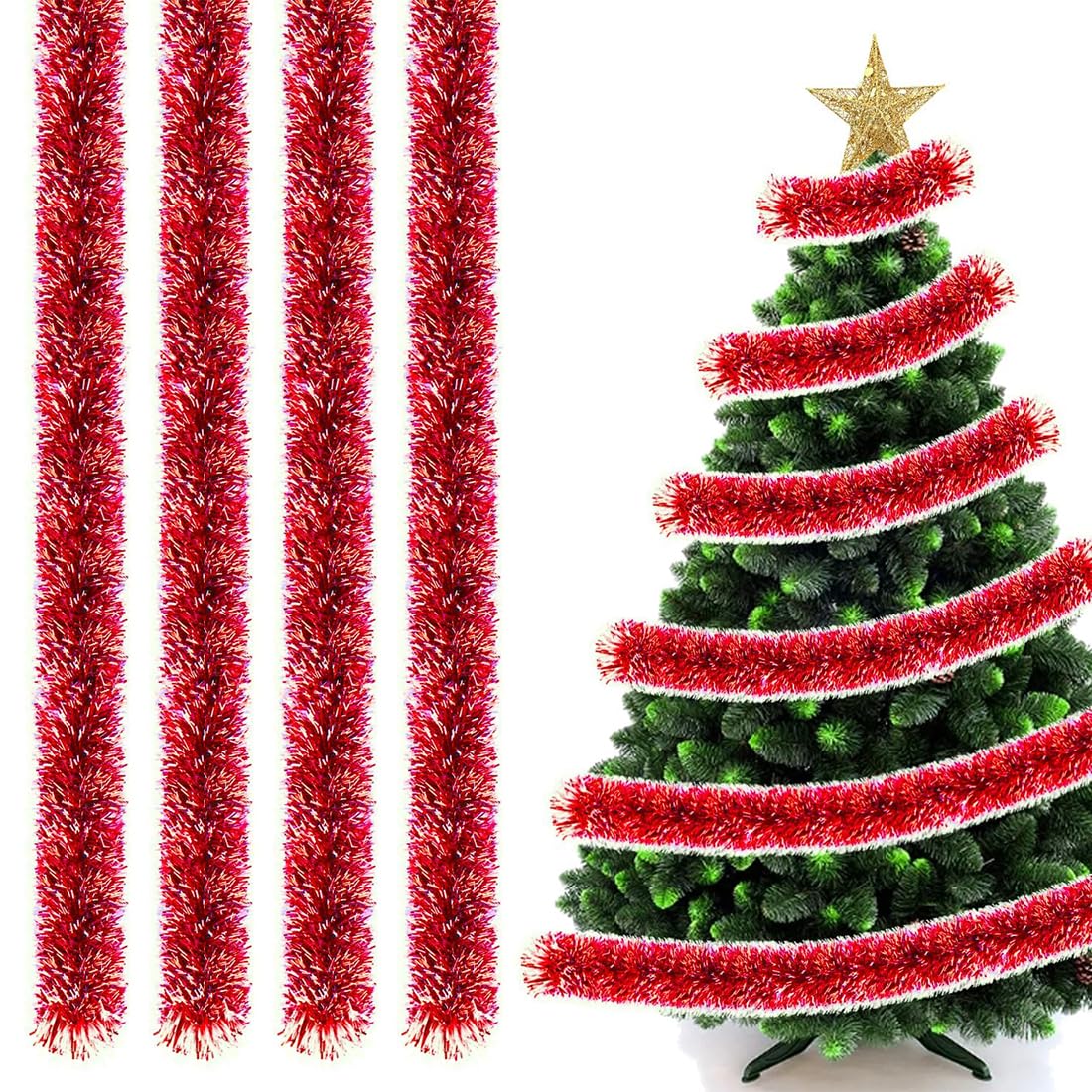 4 Piezas Espumillón de Navidad, Metálico Oropeles Brillantes Decoración, 2M, Guirnalda Brillante Metálica Decoraciones, para Árbol de Navidad Boda Fiesta Festival, Rojo