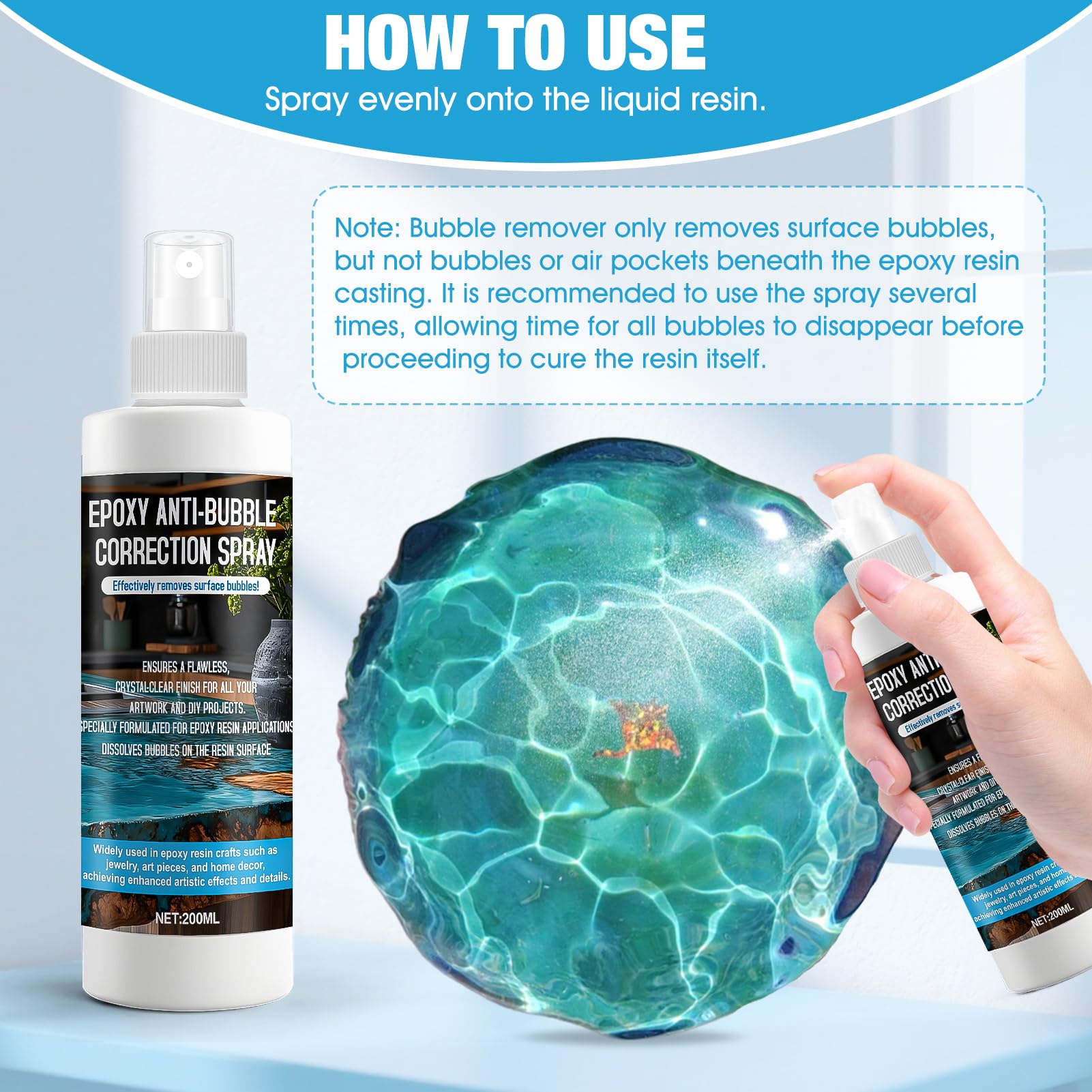 Spray Correttivo Anti-Bolle per Resina Epossidica, Rimuovi Bolle di Resina, Accessori per Tavoli in Resina e River Art - Rimuove Bolle D'aria Dalle Superfici in Modo Facile Efficace, 200ml