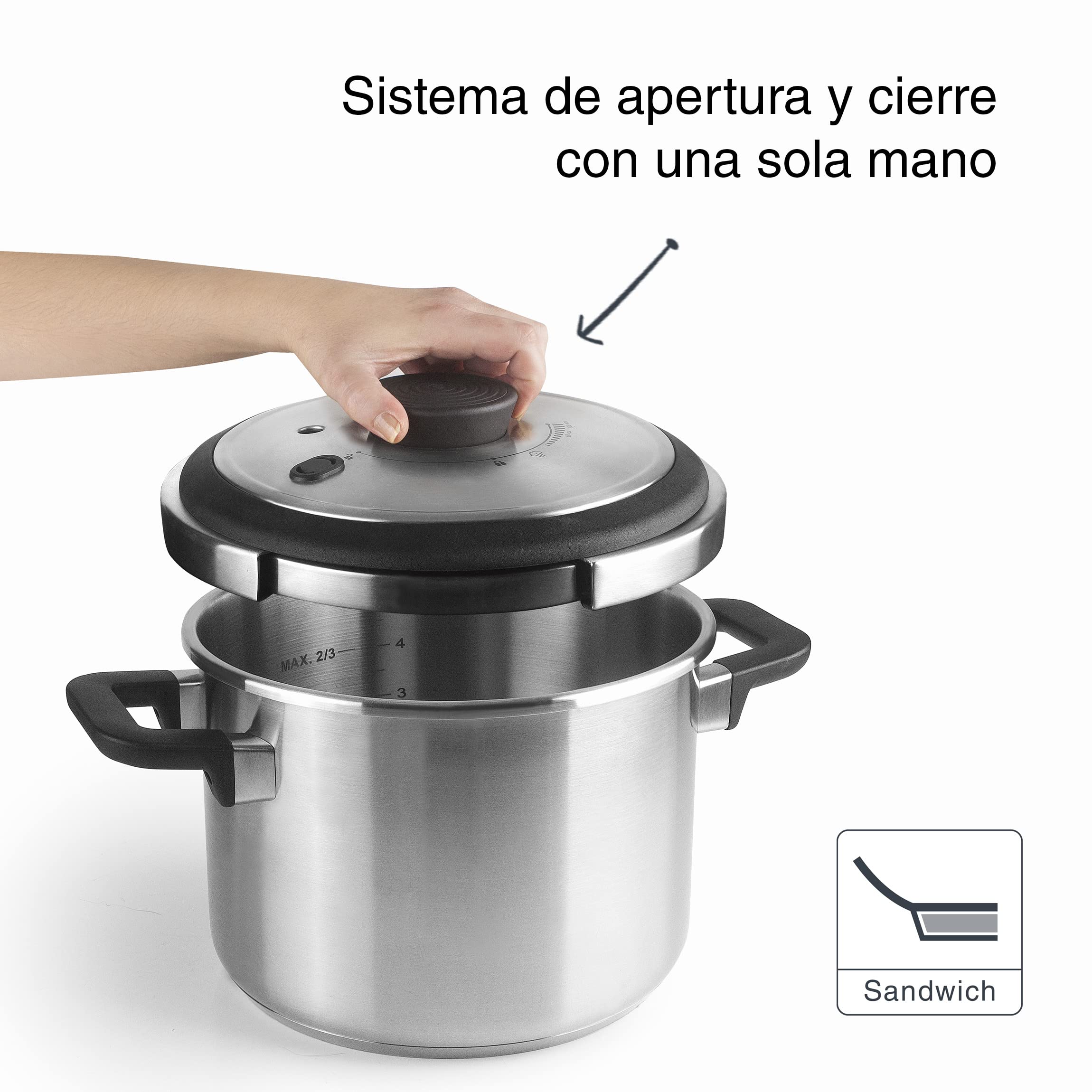 LACOR - 71788 - Olla a presión Súper rápida con Asas Termorresistentes Sicuro - Inducción - Acero Inoxidable 18/10 - Fondo termodifusor - 8L - 22cm.