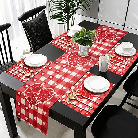Valentines Day Table Runner and Placemats Set, 72 Inches Long Burlap Valentine Table Decor, Red Heart Rectangle Valentines Day Table Runners, Perfect Valentines Table Decorations Decor ( 13x72 in )
