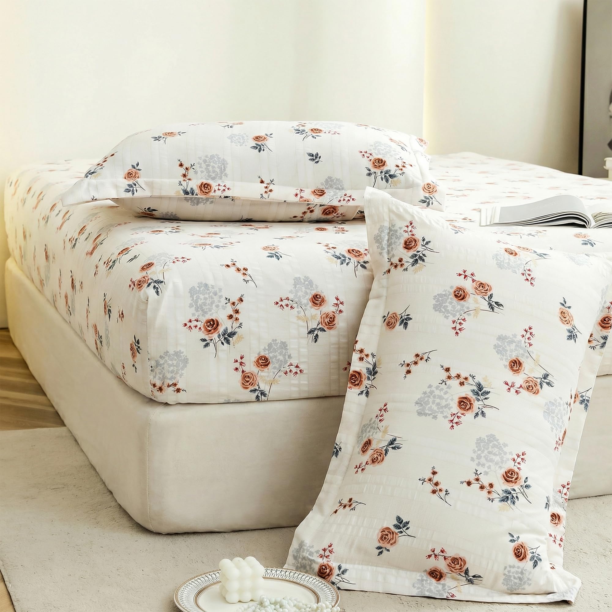 Story@Home Cloud Cotton Fitted BEDSHEET (72 X 78 Inch) 360 Elastic King Size with 2 Pillow Covers | Super Soft Bed Sheet for King Size Bed Floral Design (White, Brown)