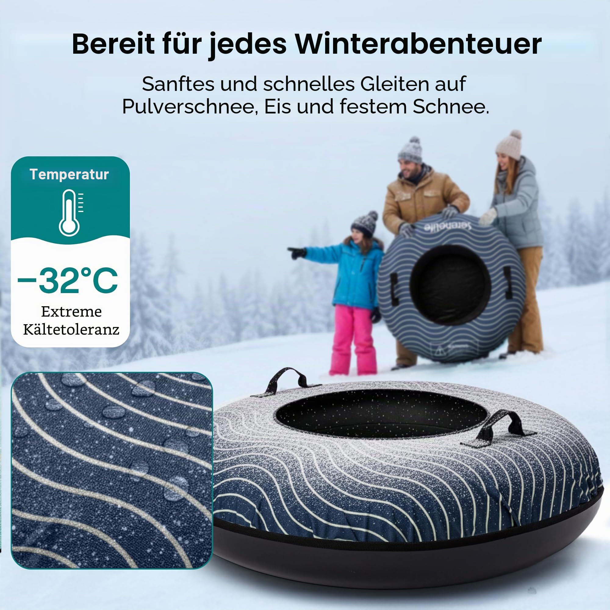 SereneLife Snowtube 102 cm – Aufblasbarer Schlitten mit Zugband & Hartplastikboden für Kinder & Erwachsene Reinforced Boden & Extra-Polsterung - Schnelle Gleitfläche - Winterspaß für 2 Personen