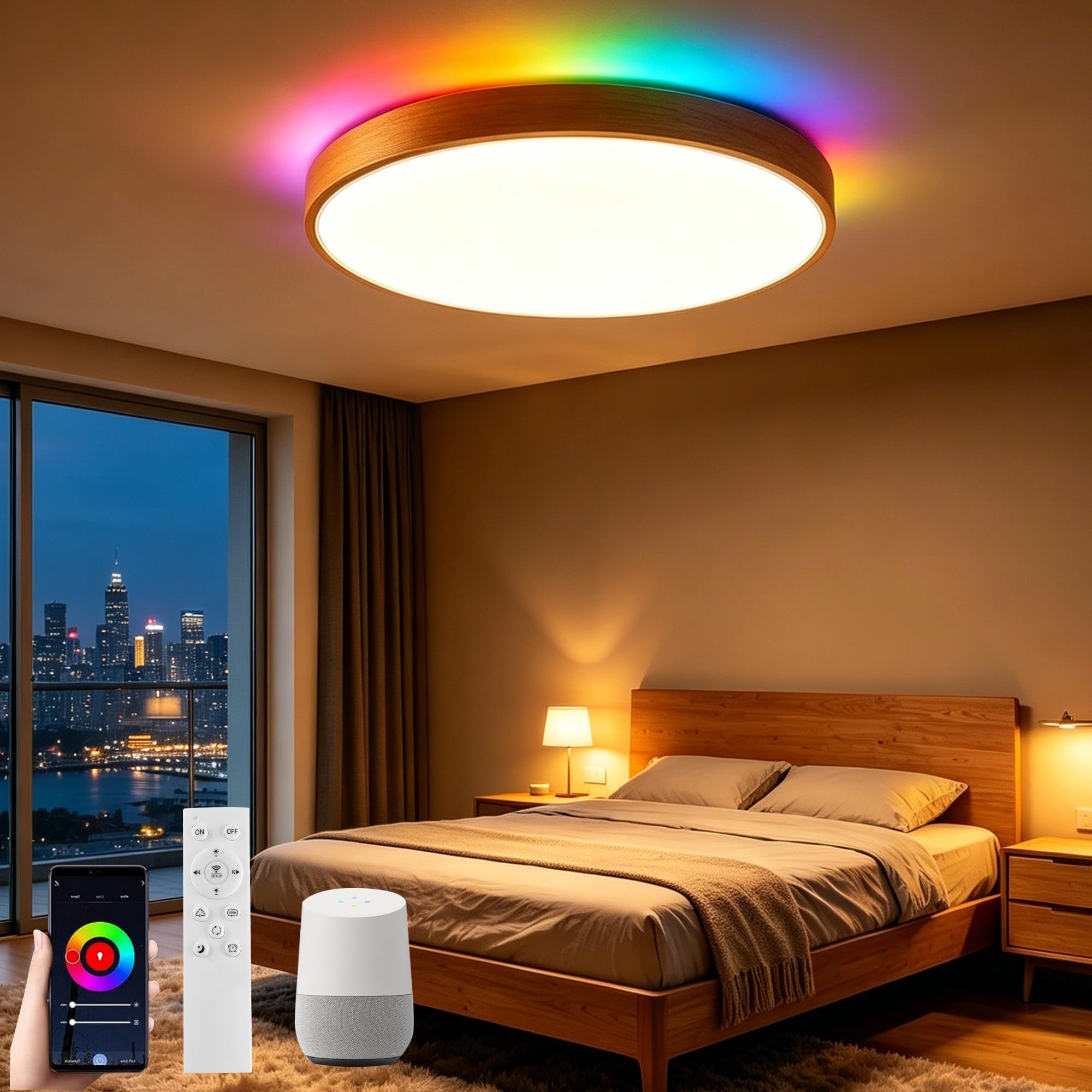 Plafoniera intelligente LED WiFi con telecomando, lampada da soffitto in legno di faggio naturale compatibile con Alexa Google Home, luce cambia colore dimmerabile per la camera da letto