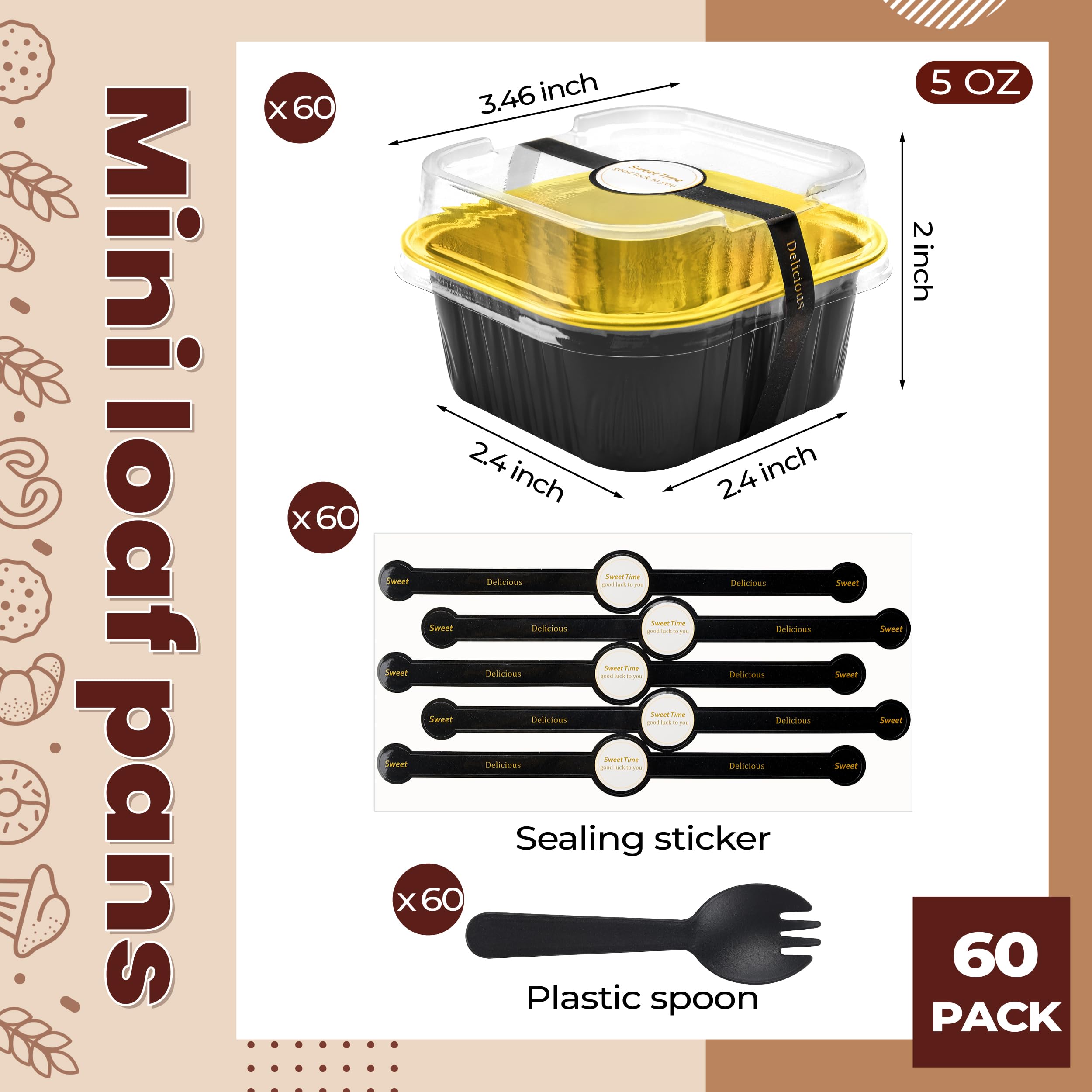 Paquete de 60 mini moldes para tartas con tapas, moldes cuadrados de aluminio con tapas, para cumpleaños, boda, fiesta, regalo (negro dorado, 5 onzas)