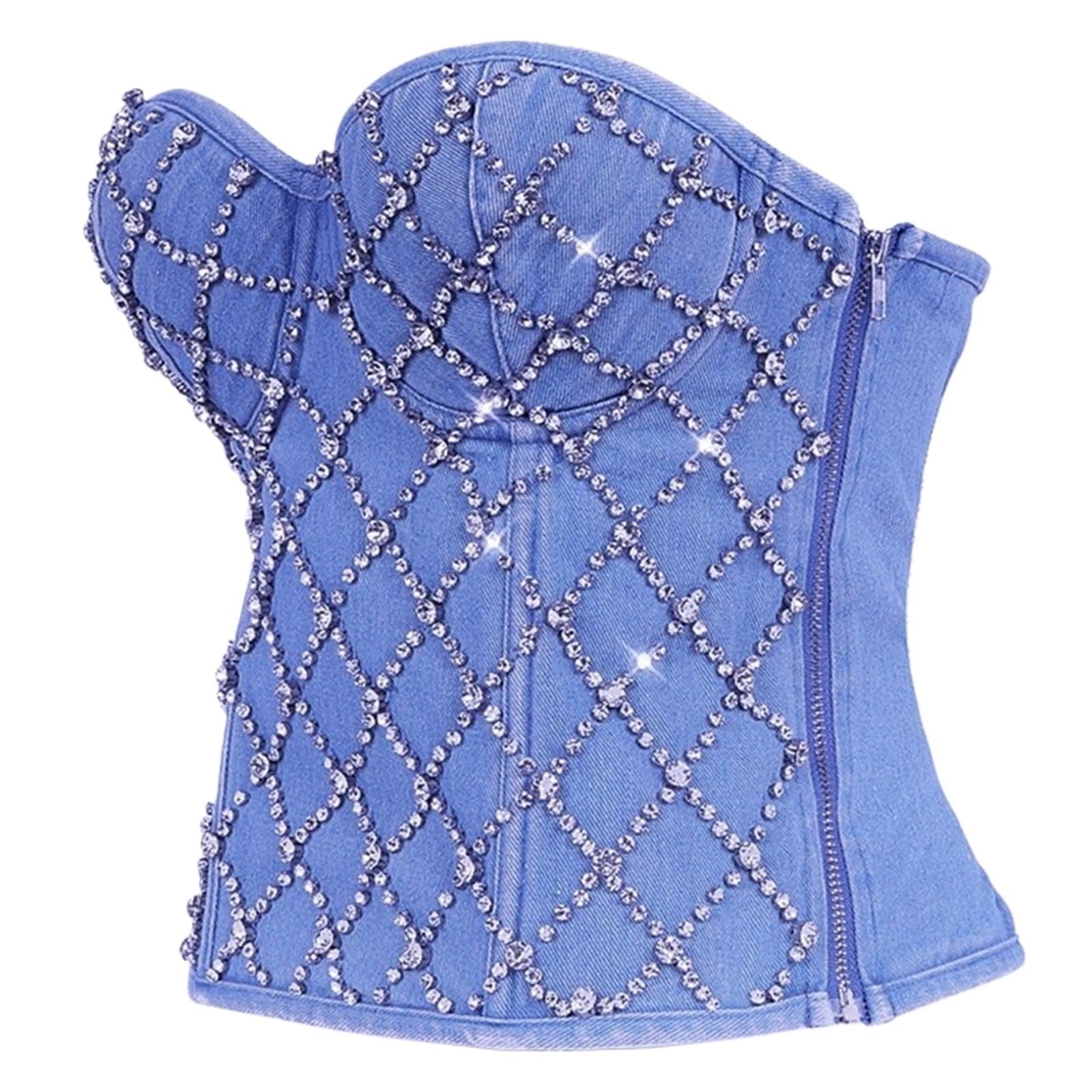 Corsetto da donna con paillettes e diamanti, in denim, sexy, for ragazze, bustier, for feste in discoteca, top corto, push-up