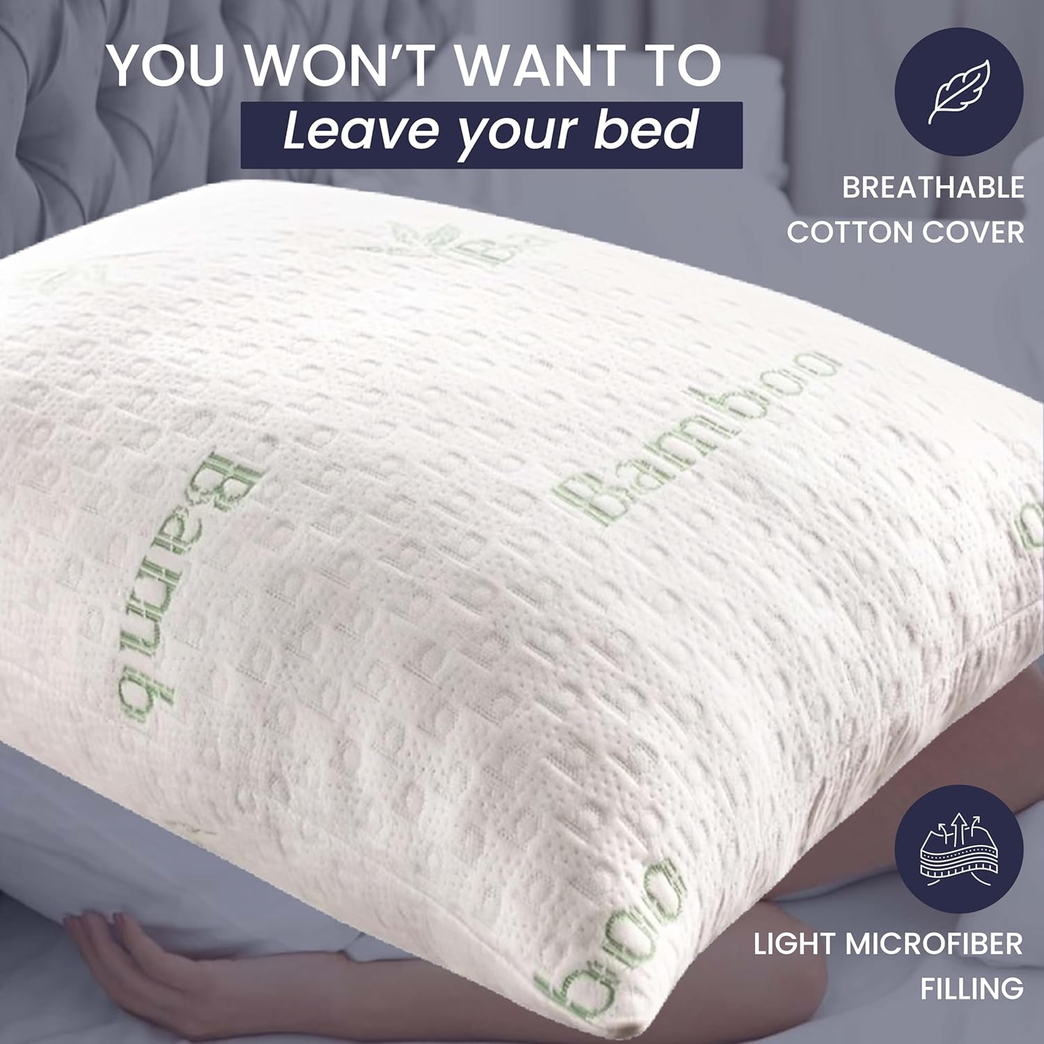 Queen Size Plush Bamboo Microfiber Pillows with Cotton Cover, Set of 2