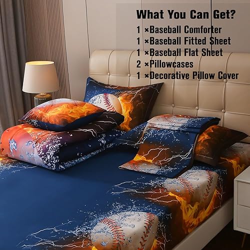 Miniatura 5 de JQinHome Juego de edredón completo de béisbol y fuego para niños, ropa de cama de 6 piezas en una bolsa, ropa de cama con temática deportiva 3D,