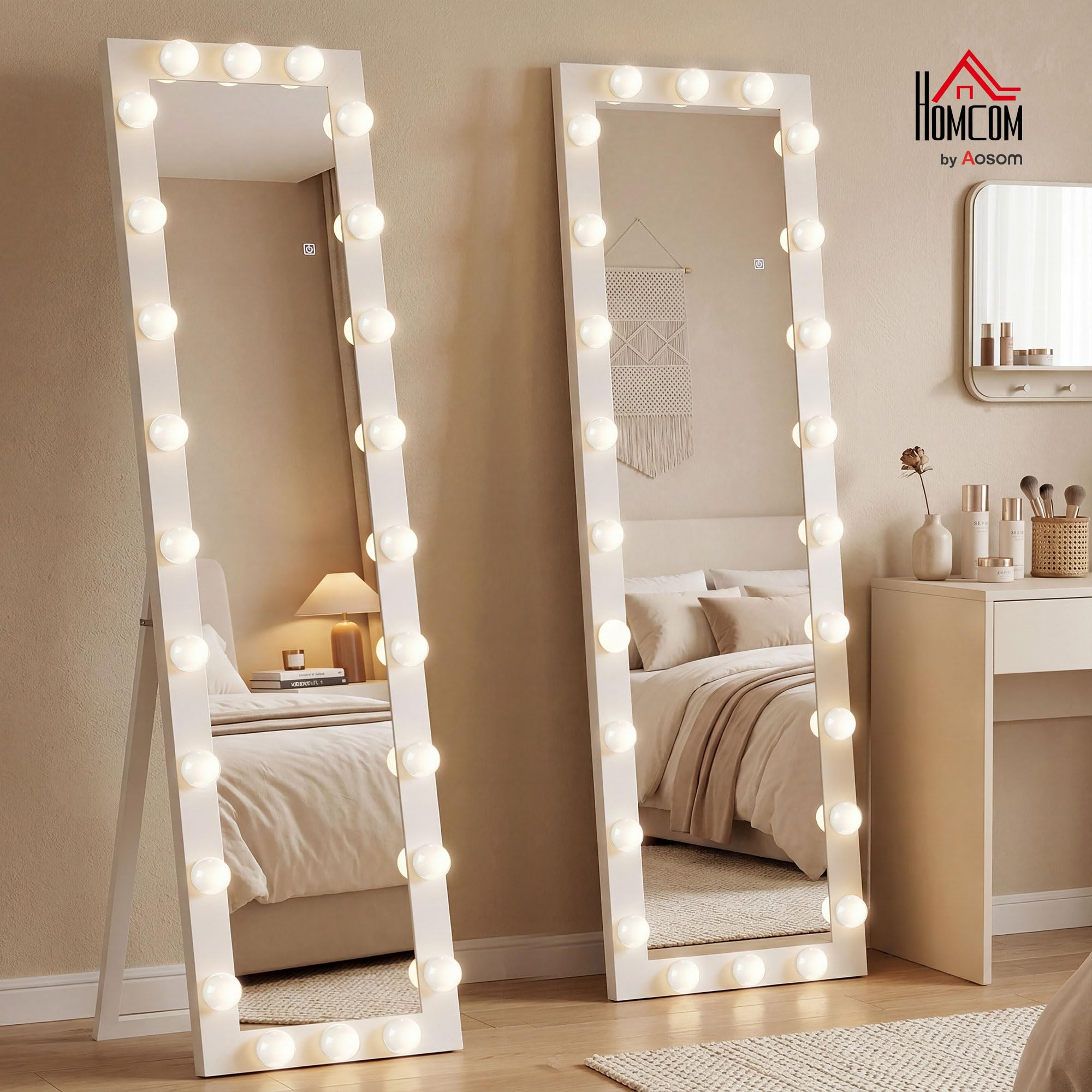 HOMCOM Specchio a figura intera 150 x 40 cm Specchio a LED con 24 lampadine 3 colori di luce dimmerabili Specchio da parete con interruttore a sfioramento, funzione memoria specchio reclinabile per