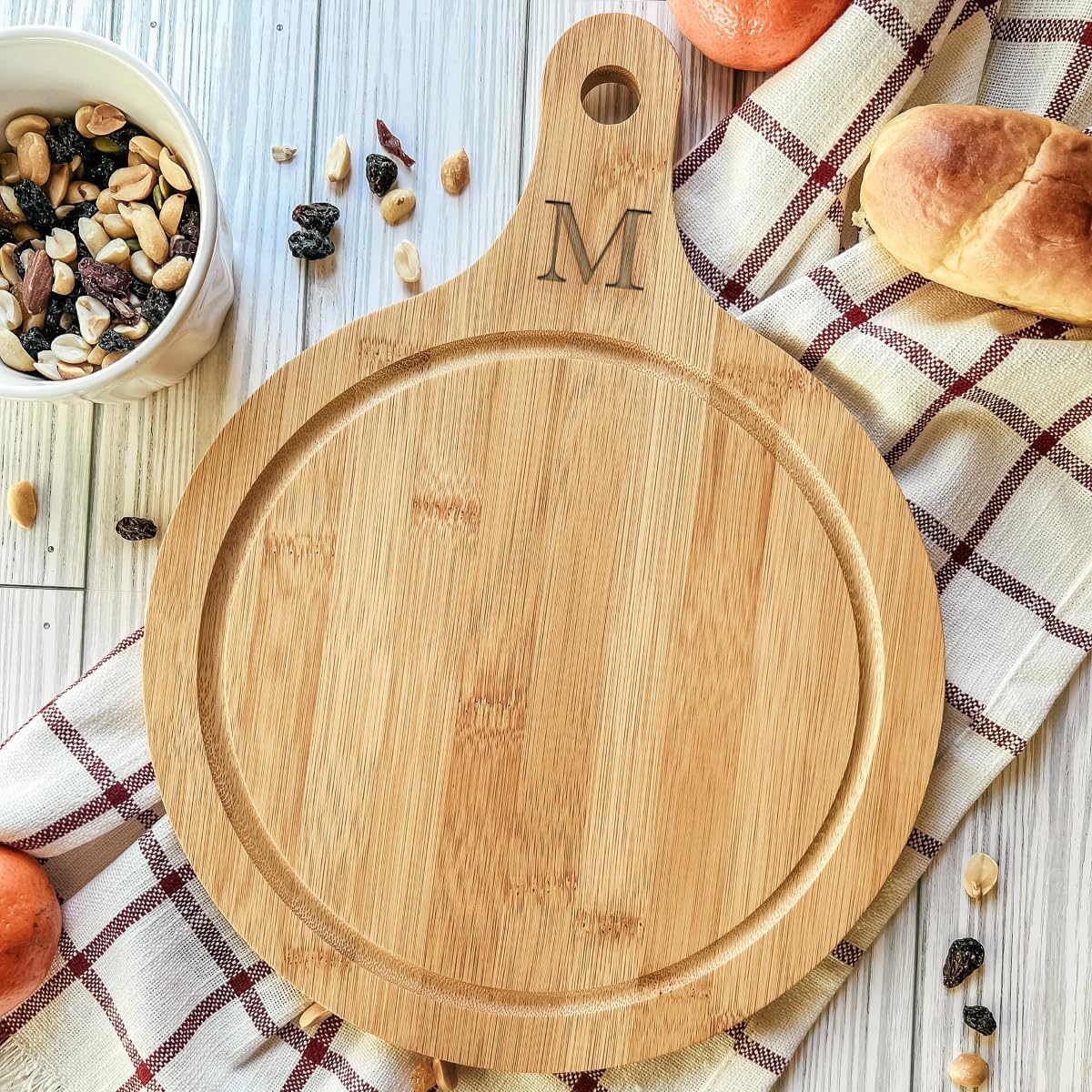 Engraved Round Bamboo Wood Cutting Charcuterie Board Personalized Gift New Couple, Parents, Anniversary, Housewarming, Hostess, Engagement, Friends - Initial on Handle