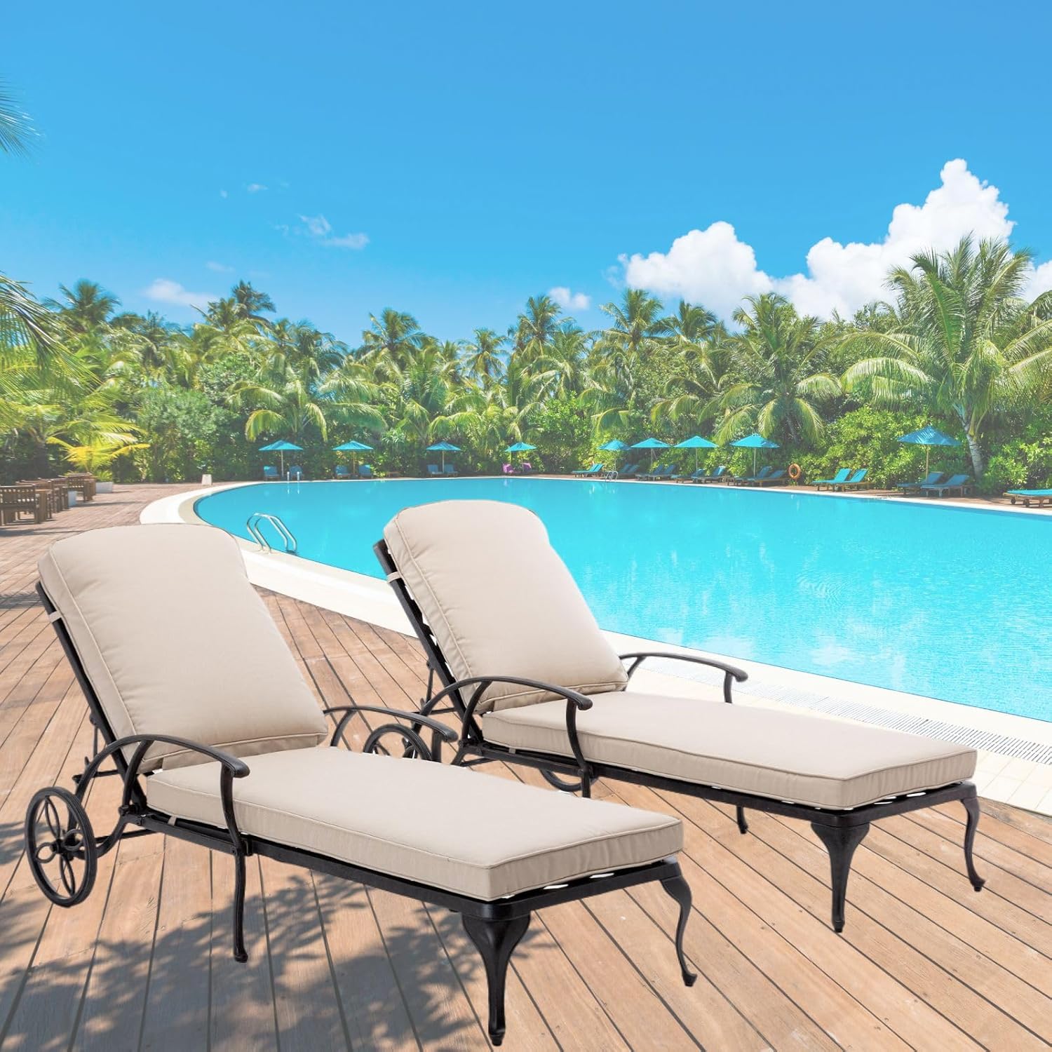Chaise Lounge Patio Chair with Wheels, Adjustable Reclining Rust-Resistant Aluminum Cast Poolside Chaise Lounge Furniture Set of 2, Waterproof Beige Cushion