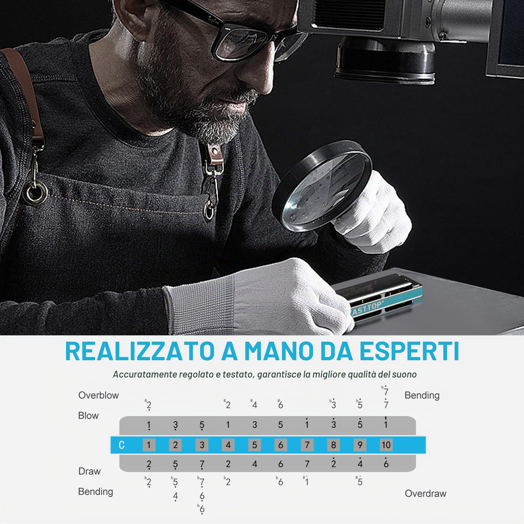 East Top Armonica diatonica avanzata in chiave di do, 10 fori, per blues arpa, organo a bocca con copertura argentata