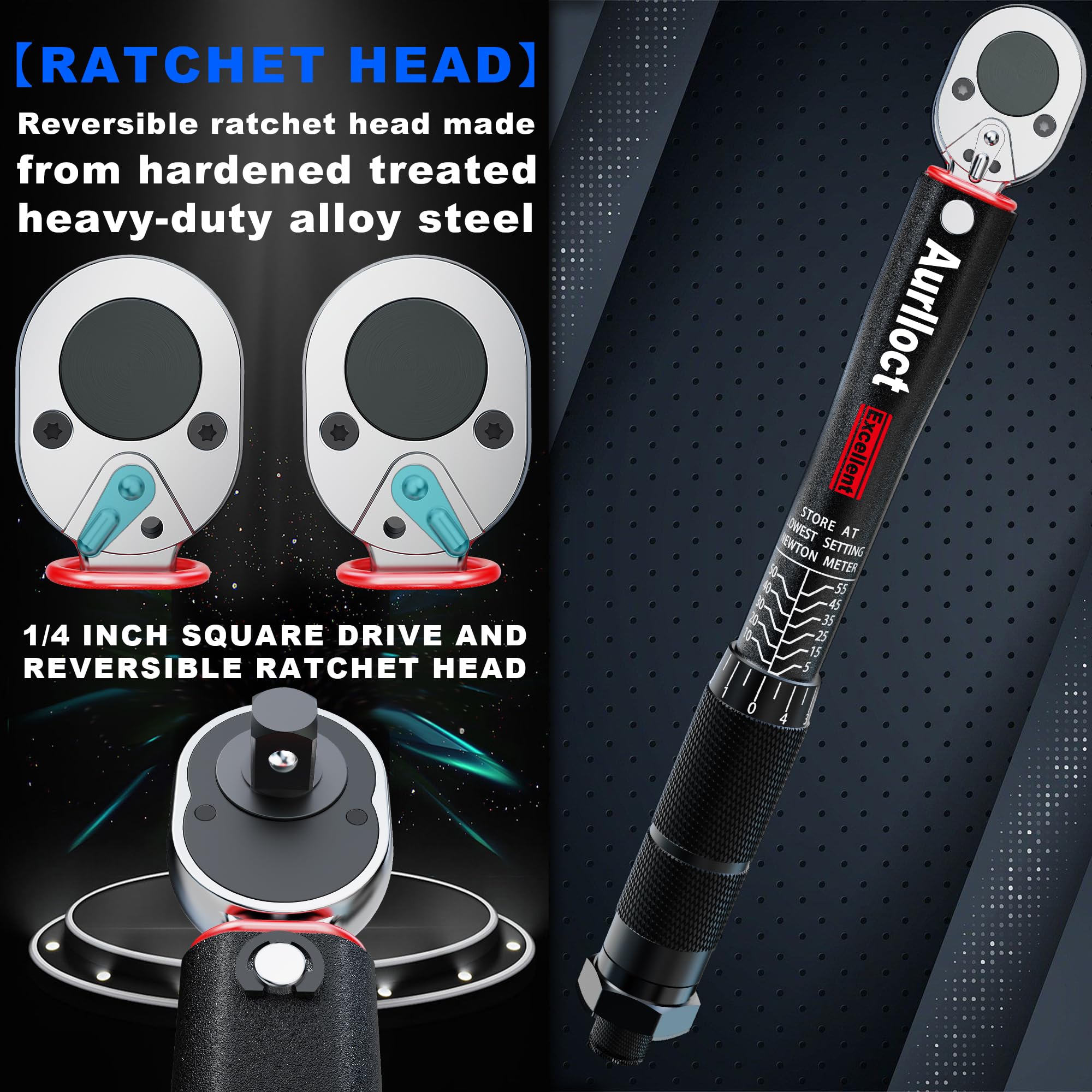 Aurlloct 1/4 Inch Drive Click Torque Wrench, Torque Spanner Set 5-55 Nm, 72-Tooth, Including Extension Bar - Image 4