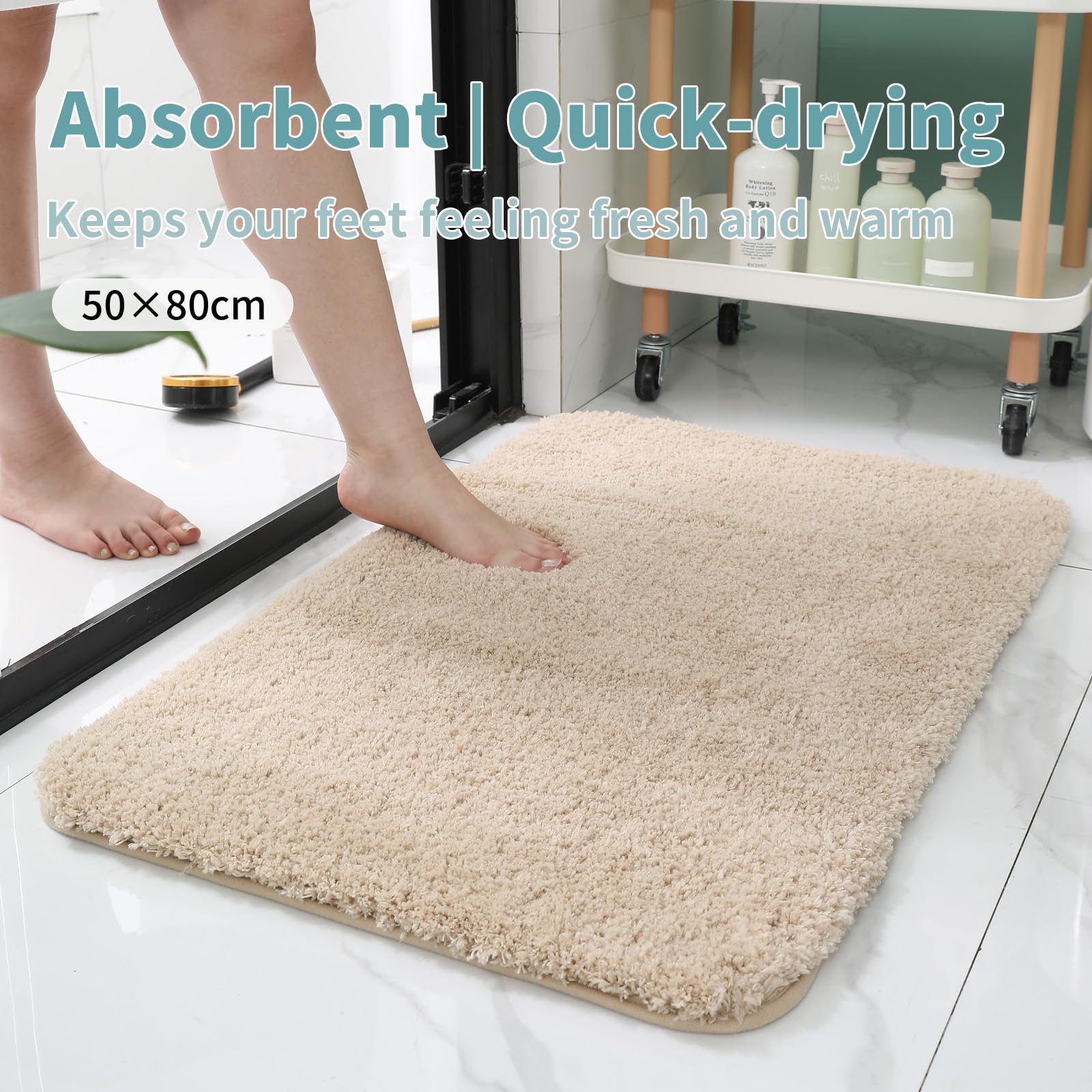 Alfombra de baño de microfibra extrasuave de 20 x 30 pulgadas, antideslizante, lavable, absorbente de agua, de secado rápido, para suelo del baño, bañera y ducha, color beige