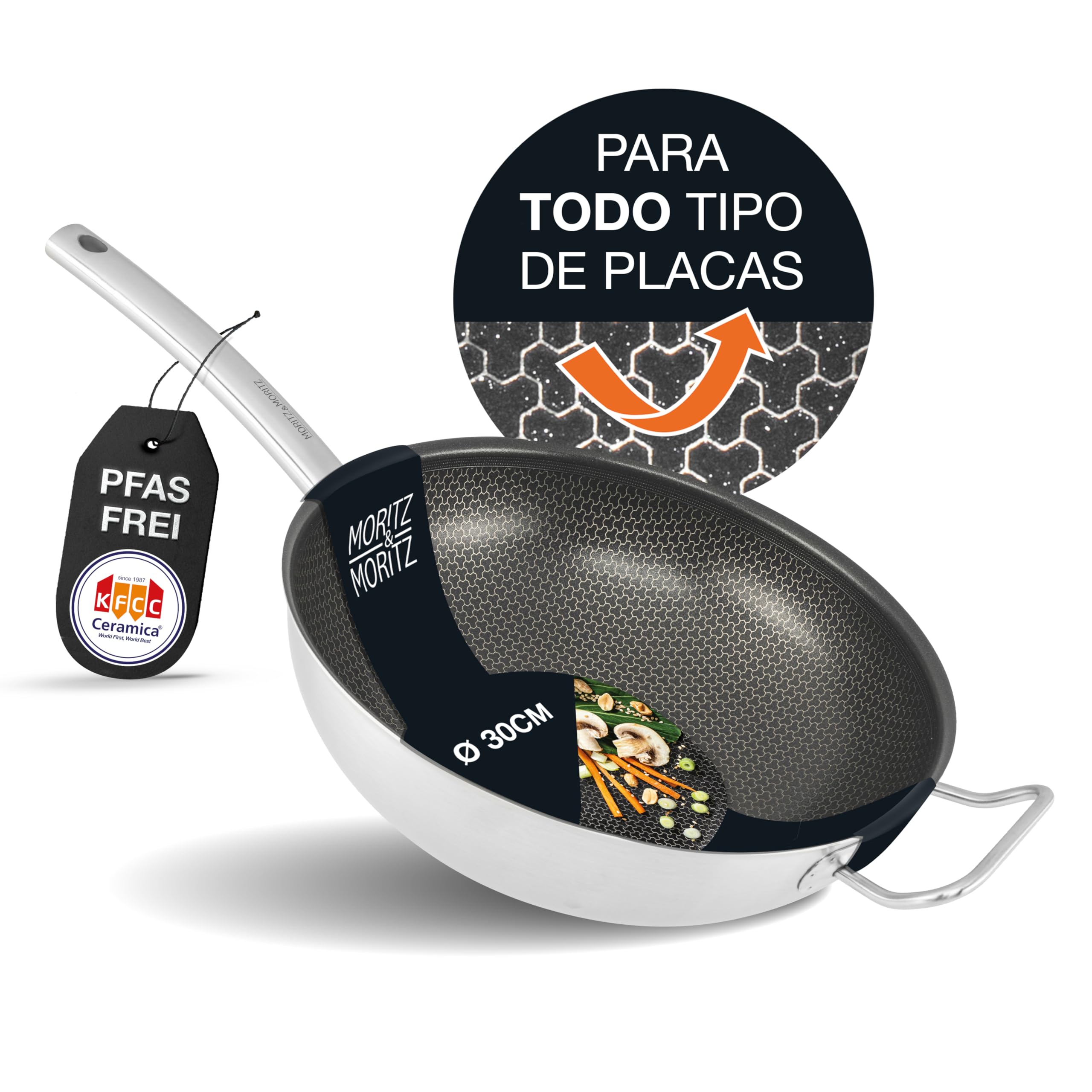 Moritz & Moritz Sartén Wok de acero inoxidable de 30 cm con revestimiento Cerámico - Para todo tipo de cocinas - Estructura antiadherente en Forma de panal para Cocinar, Asar y cocer a Fuego lento