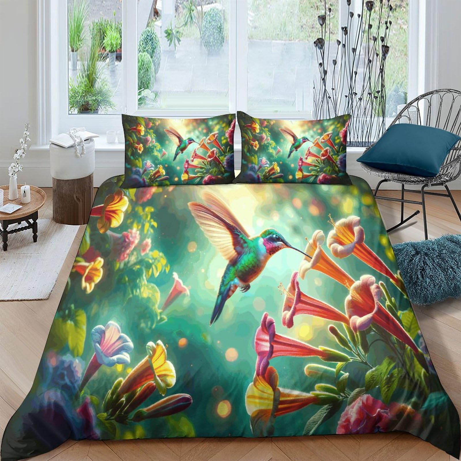 Housse de couette anti-acarien oiseau coloré 220x240 facile à enfiler