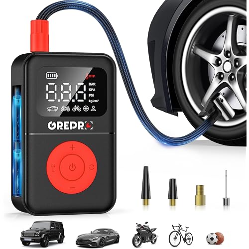 GREPRO Tire Inflator Portable Air Compressor, 160 PSI Portable Air Pump with Digital Pressure Gauge, LED Light, and Multiple Adapters for Car, Motorcycle, Bicycle, and Other Inflatables