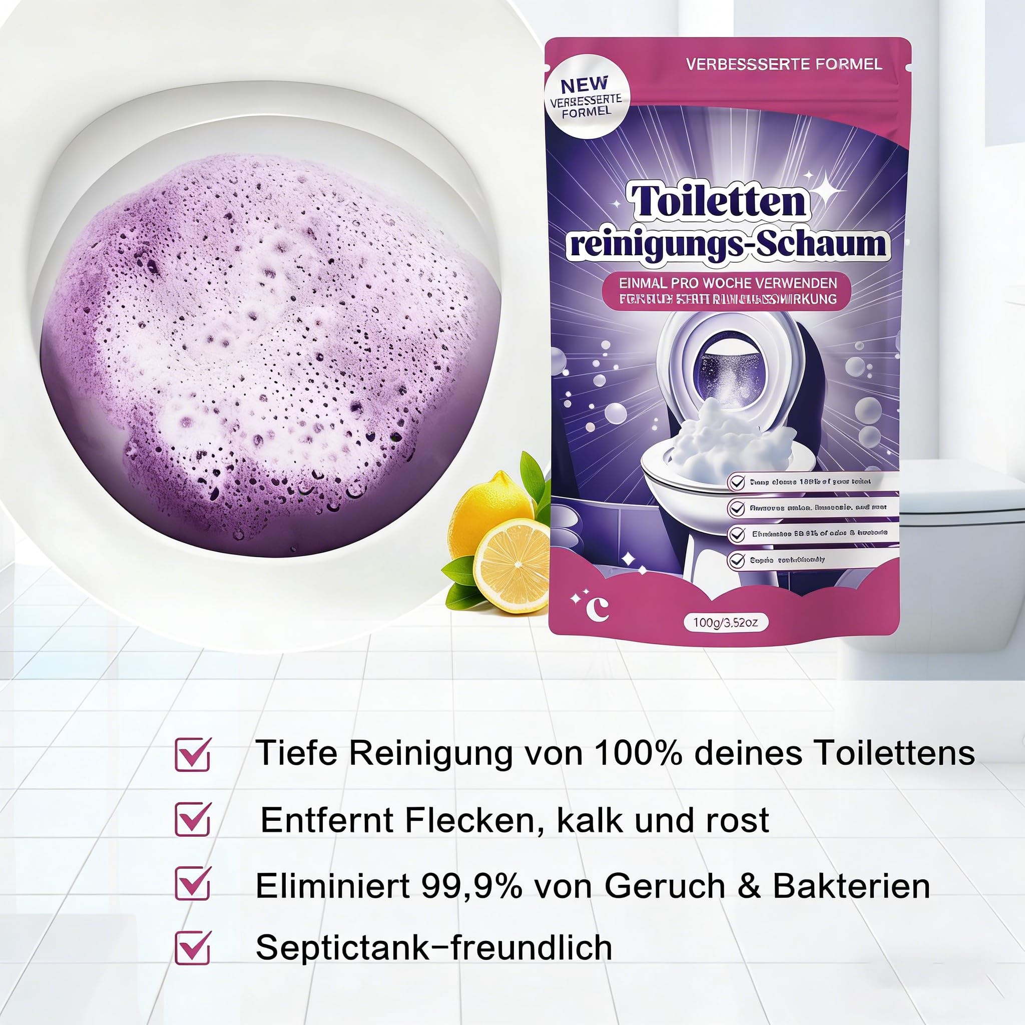 FIZZCLEAN 2026 Neuest Toilettenreiniger - Extrem Stark! Beseitigt Flecken In 20 Minuten, Entfernt Kraftvoll Kalk & Urinstein, Sorgt Für Glanz Und Frischen Duft (100g)