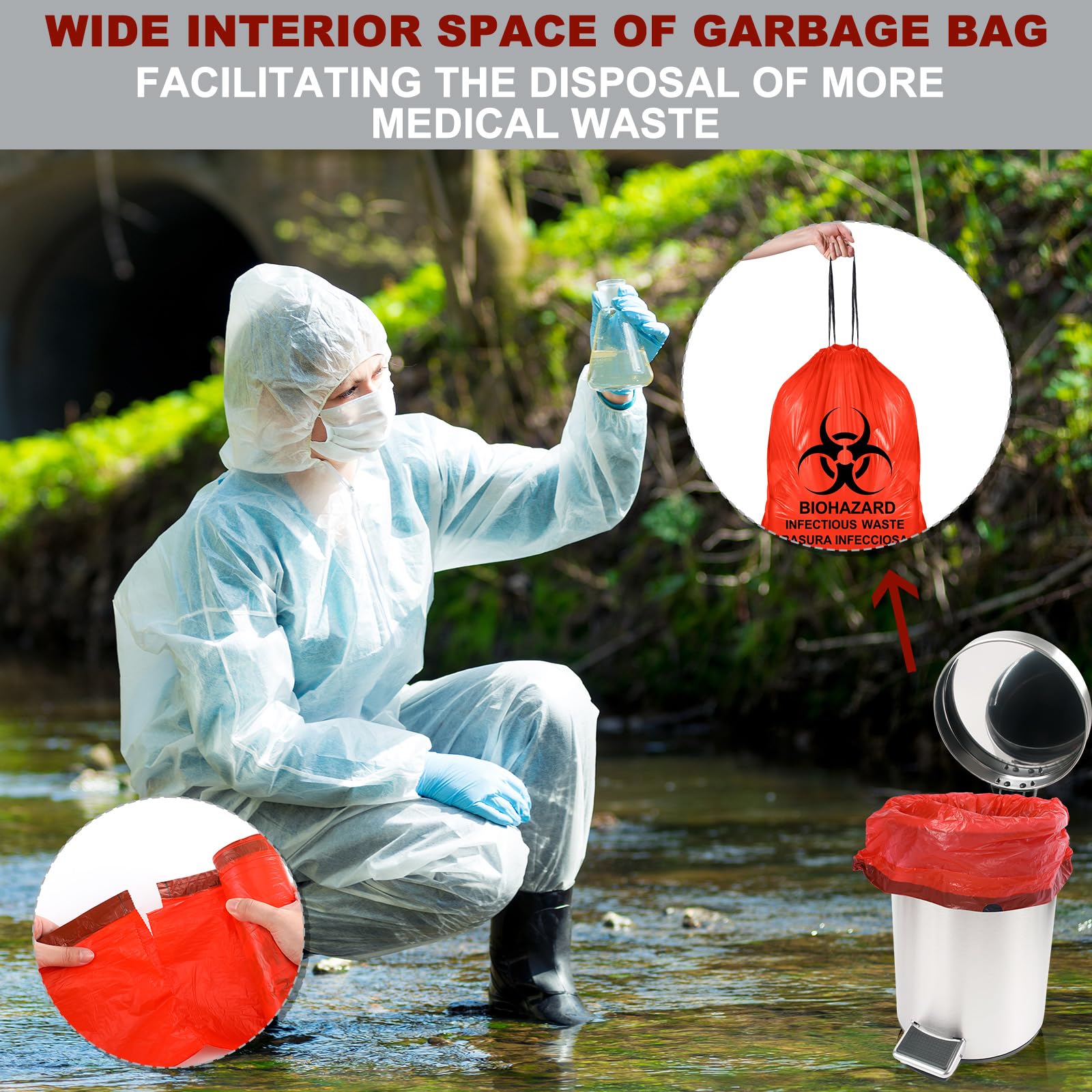 Geiserailie 140 bolsas de eliminación de residuos de riesgo biológico de 24 x 24 pulgadas, bolsas de desechos infecciosos con cordón, bolsas rojas de riesgo biológico de 10 galones, 20/rollo para