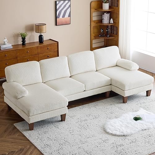 VINGLI 110" Sectional Couches for Living Room,U Shaped Couch with Double Chaise, 4-Seat Sofa Set with Corduroy Fabric for Home Furniture,Beige