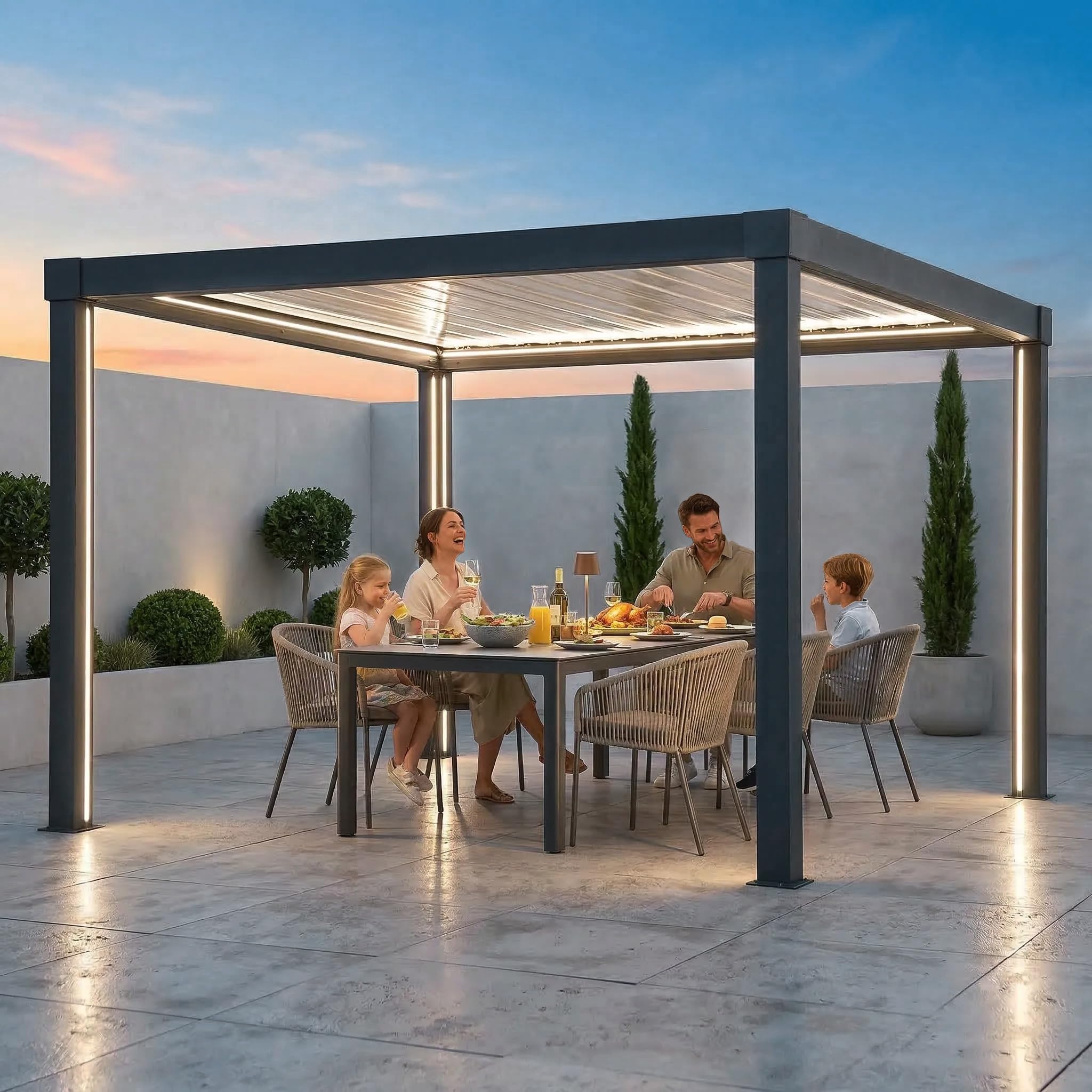 SUNJOY Pergola Bioclimatique 3x3 m en Aluminium, Tonnelle de Jardin avec Éclairage LED Solaire et Télécommande, Toit à Lames Orientables, Pavillon Extérieur Tout Temps Résistant au Vent et à la Neige