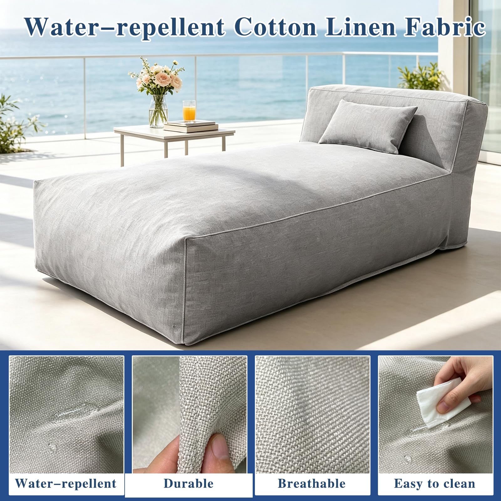 Funda para puf de exterior en forma de cama (sin relleno), funda de asiento de lino y algodón resistente al agua para piscina, patio y jardín, solo funda de repuesto (beige polvo)