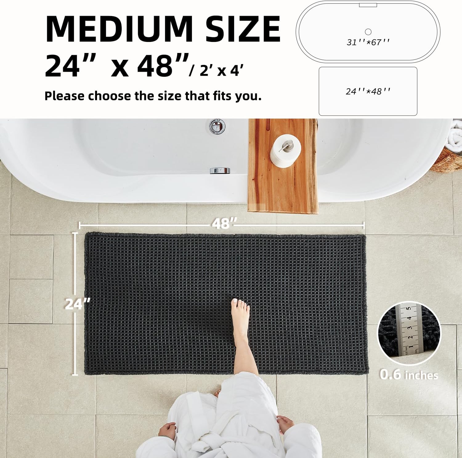 TYUU Black Bathroom Rug, Waffle Bath Mat Non Slip Washable Super Absorbent Quick Dry Boho Farmhouse Bathroom Decor, 48"x24" Black Black 2' x 4' (Rectangular)