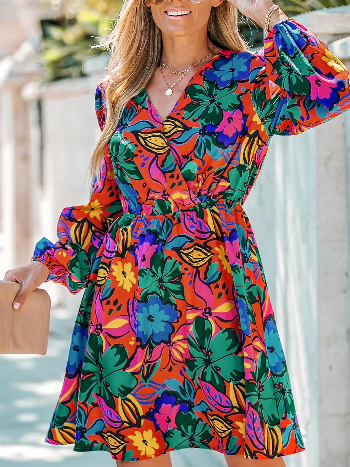 CUPSHE Women's Mini Dresses Casual Spring V Neck Chiffon Long Peasant Sleeves Flowy Spring Dress - Image 4