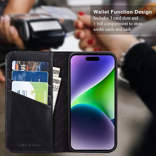 Miniatura 6 de VISOUL Funda de piel auténtica compatible con el teléfono 15 Pro, funda magnética con tapa y soporte para tarjetas para mujeres y hombres, funda