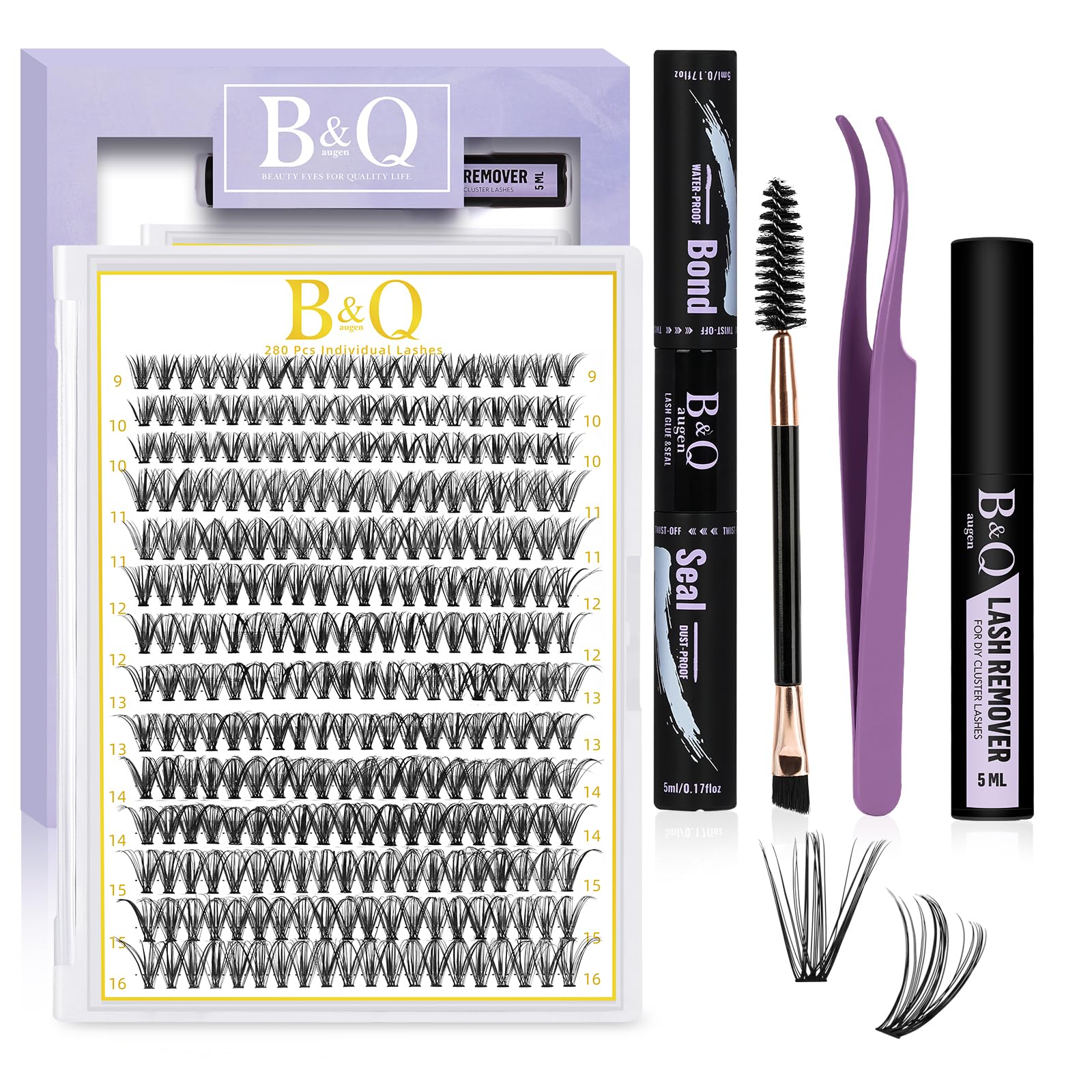 B&Q Lash Extension Set, 0.07D, 9–15 mm Mix, 30D Eyelash Extension Set, Lash Glue, Remover and Applicators for Eyelash Extension Beginners, Pack of 280 (Set-30D-0.07D, Mix)
