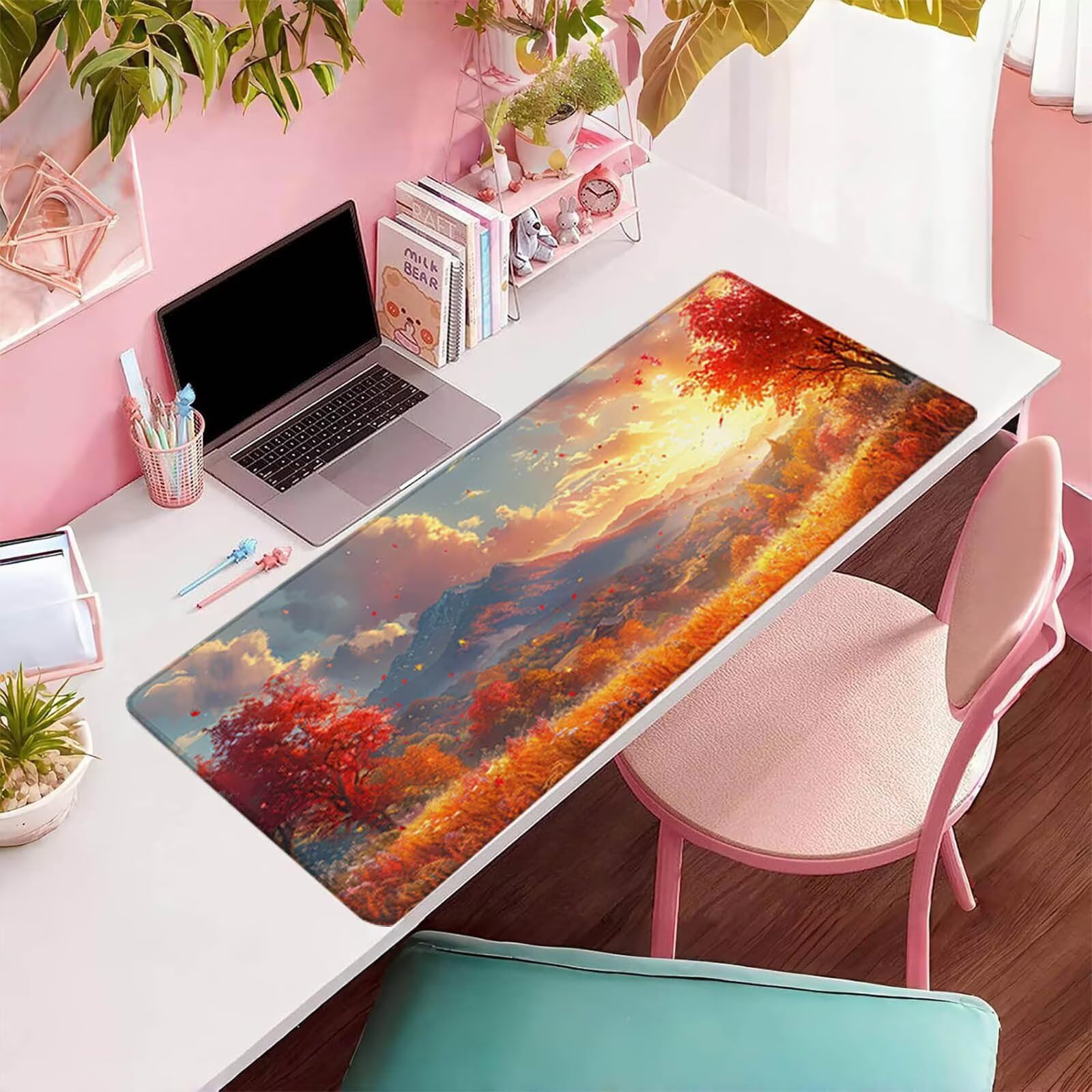 Żółta podkładka pod mysz, zachód słońca, XXL 1600 x 800 x 3 mm, podkładka na biurko z przyszytymi krawędziami, podkładka pod mysz, dla graczy, poprawia precyzję i prędkość, akcesoria na biurko