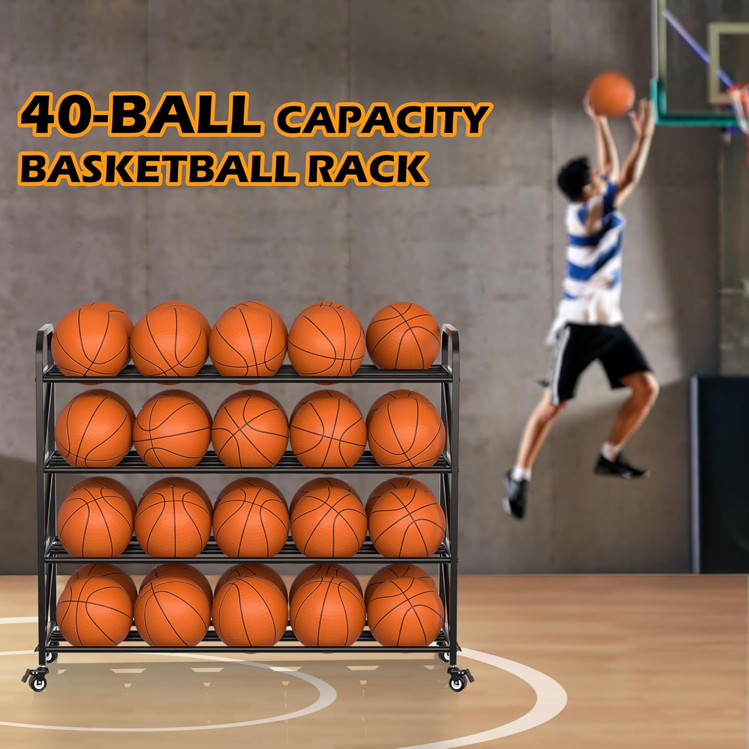 Heavy Duty Basketball Rack Ball Storage Holder, 4-Tier 40-Ball, Basketball Shooting Training Stand, Sports Equipment Organizer with Wheels for Gym, School, Club