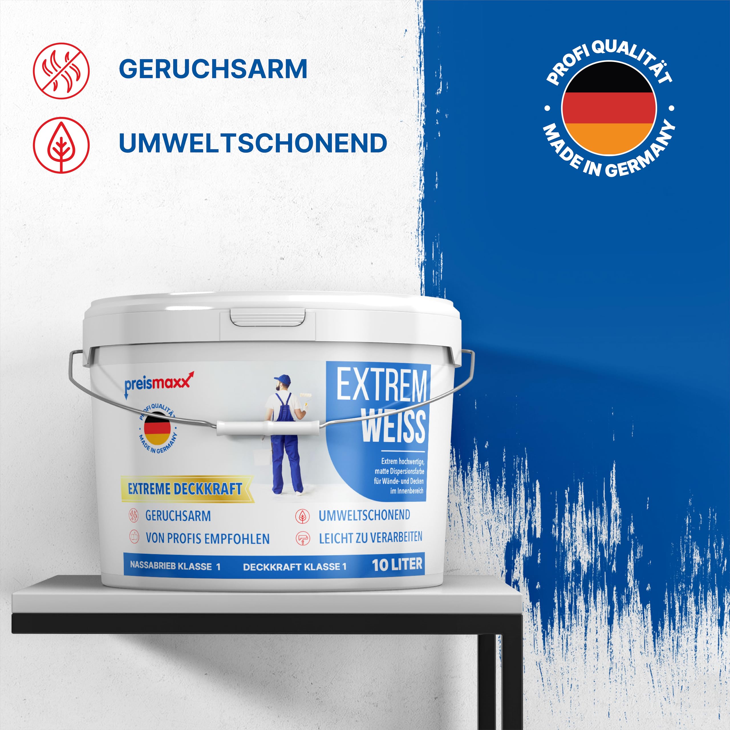 Preismaxx Wandfarbe Weiß innen Extrem Innenfarbe matt hochdeckend 10l | Für Wände, Decken, Putz, Tapete & Altanstriche, hohe Deckkraft, geruchsarm, tropfgehemmt, Renovierung & Neuanstrich