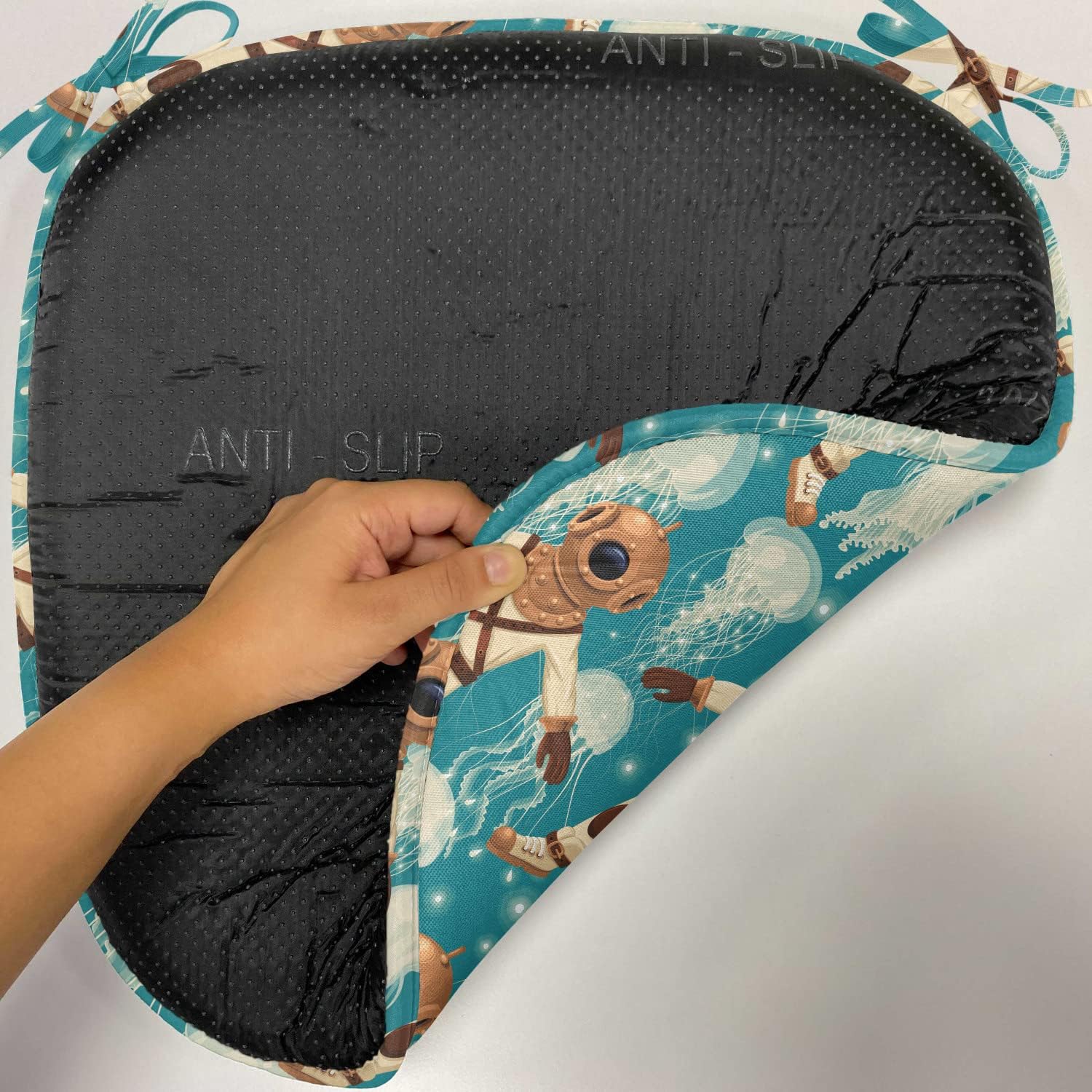 Lunarable Jellyfish Chair Seating Cushion Set of 6, Vintage Diver Suit Pattern Jellyfish at The Background Water Sports Tile Theme, Anti-Slip Seat Padding for Kitchen & Patio, 16"x16", Teal Brown