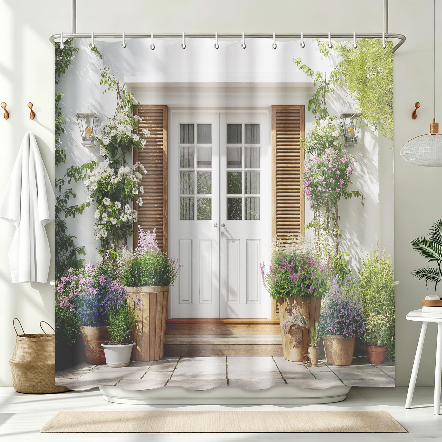 Extra Breit Duschvorhang Blühender Hauseingang 240x200 cm, Waschbar Duschvorhänge Ländliche Gartenszene, Wasserabweisend Polyester Stoff mit Haken, Dekor Badezimmervorhang für Badewanne Dusche 7Pf38