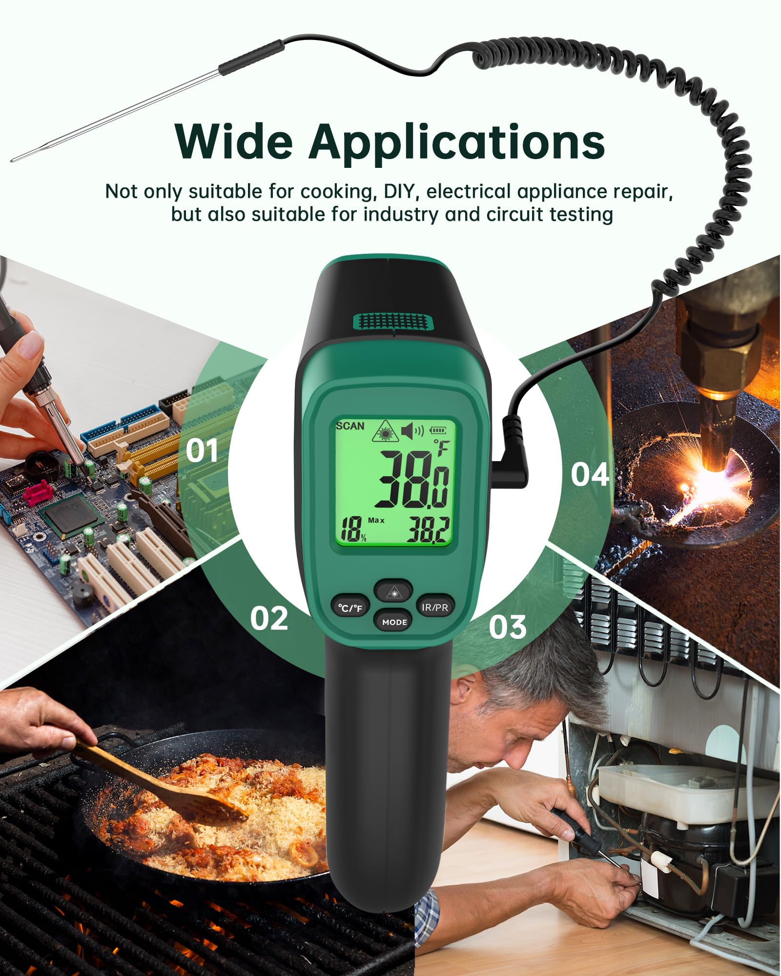 ERICKHILL Infrared Thermometer Gun, Dual Mode IR Laser Thermometer with -50°C~800°C and Meat Probe (-50°C~300°C), Non-Contact Digital Thermometer for Cooking, BBQ, and Industrial Use — Amazon image 7